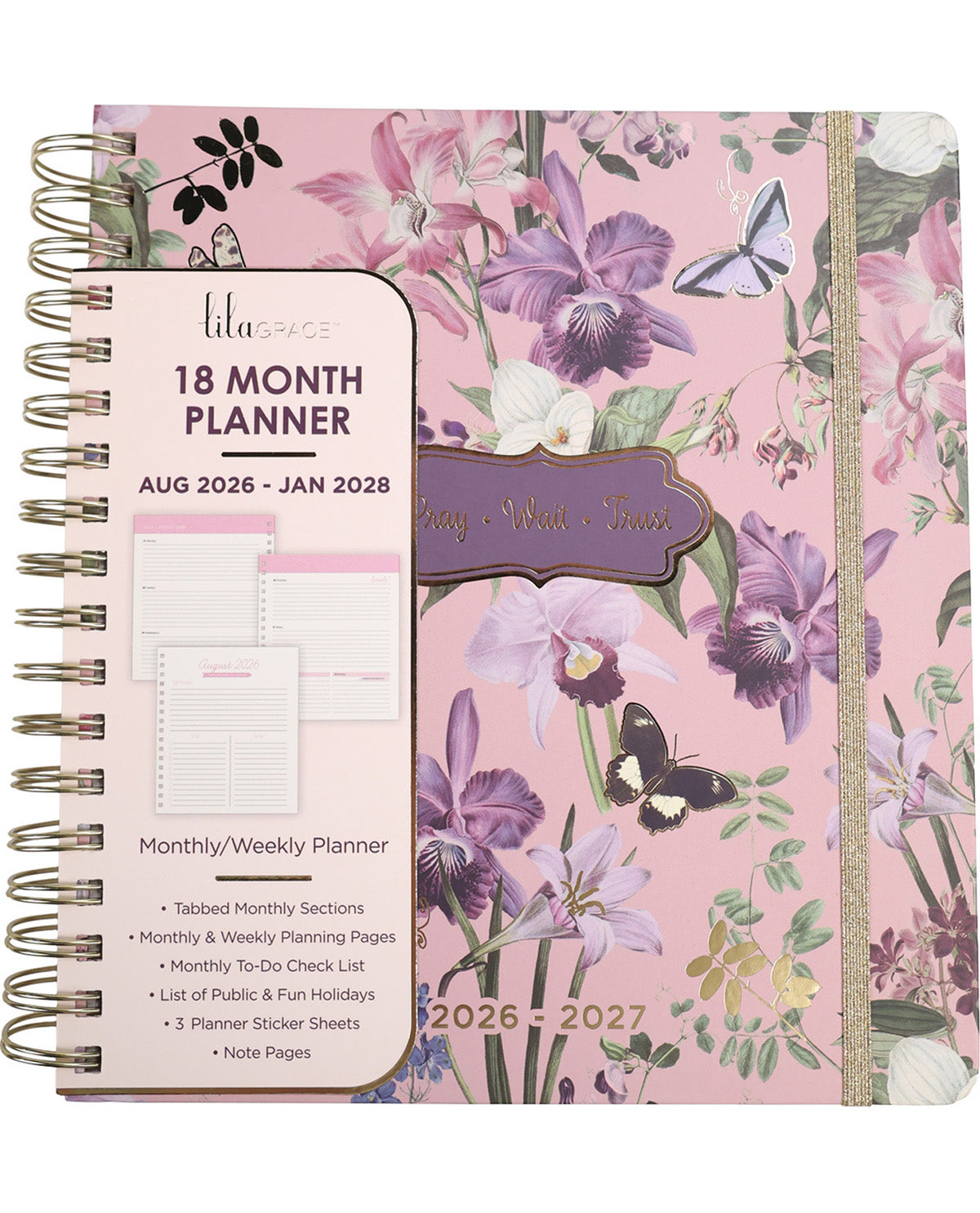 Floral planner with a pink cover and butterfly design, featuring a 18-month planning layout.