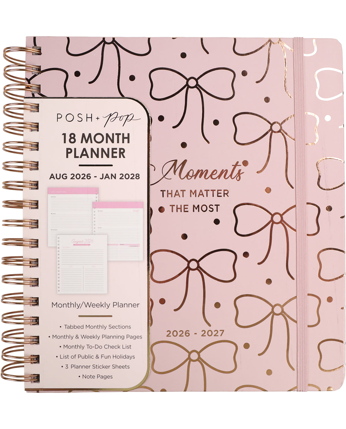 Pink planner with bow pattern and Posh & Co branding