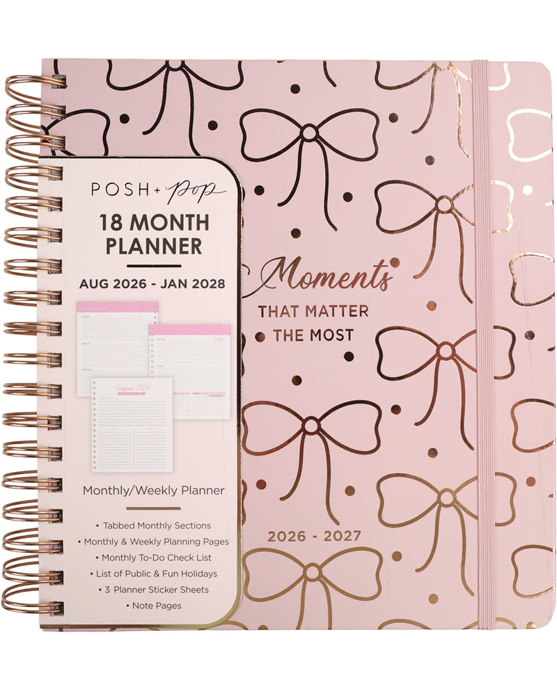 Pink planner with bow pattern and Posh & Co branding