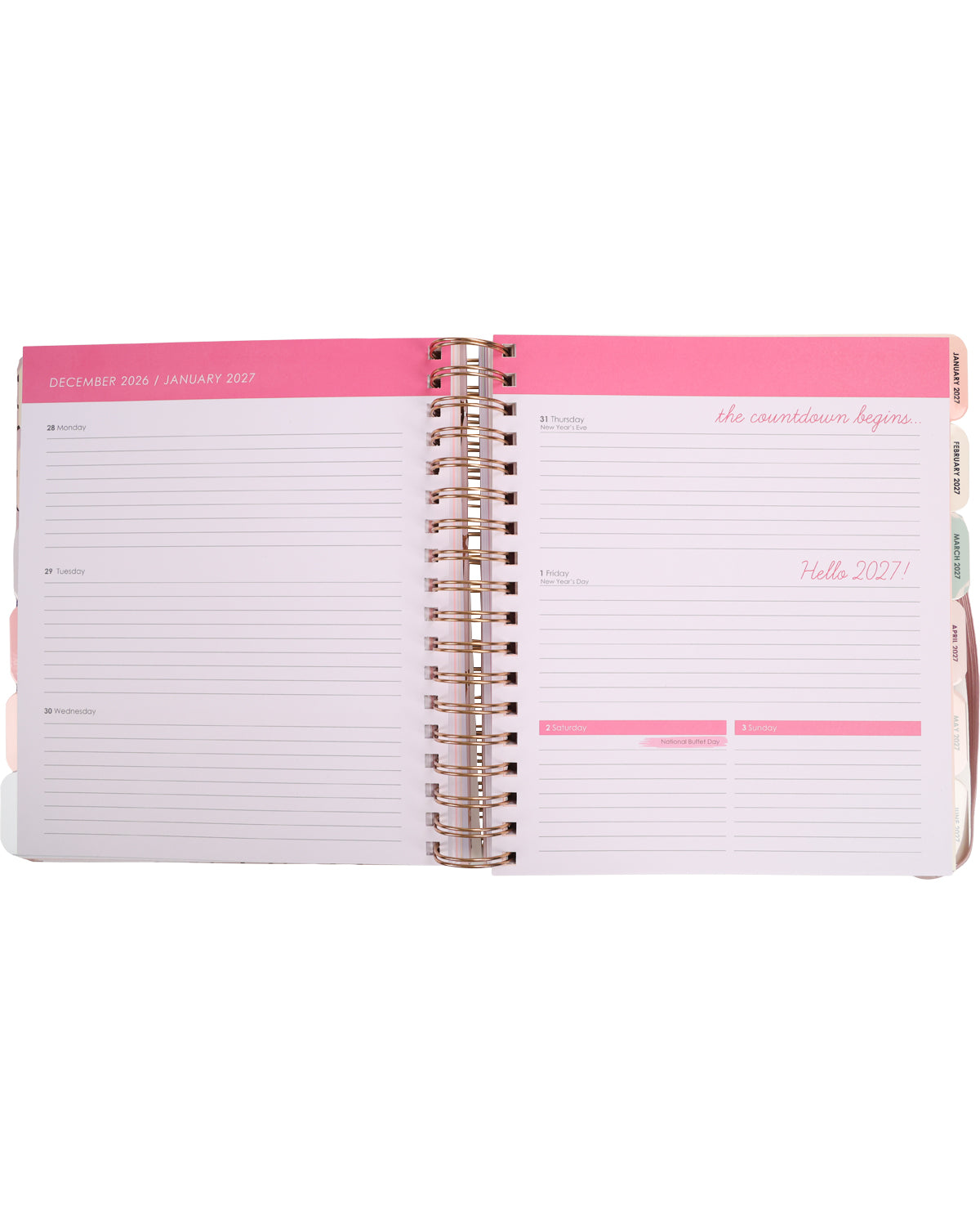 Spiral-bound planner with pink accents on a white background