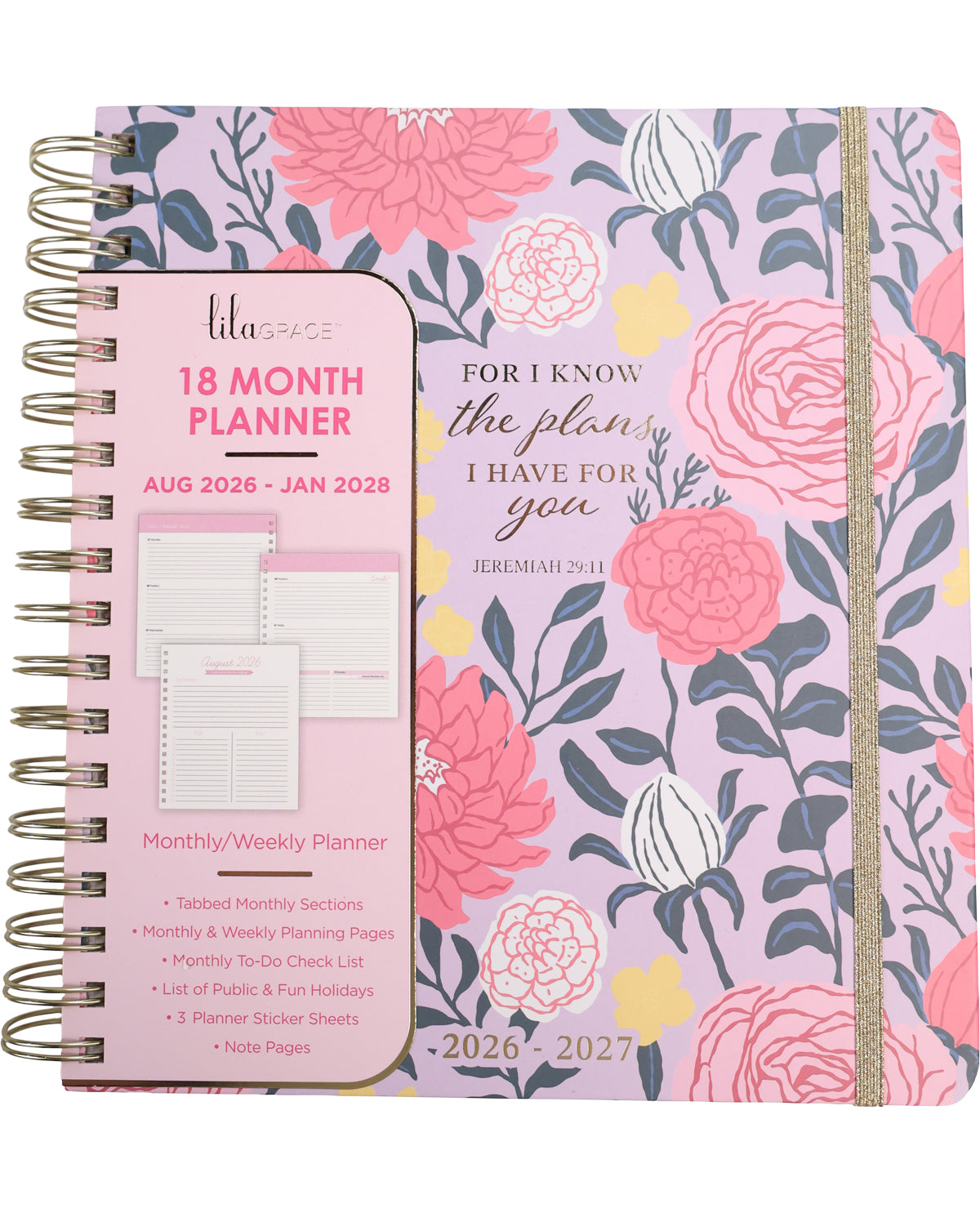 Floral planner with pink and purple design and a pink cover displaying '18 Month Planner' text.