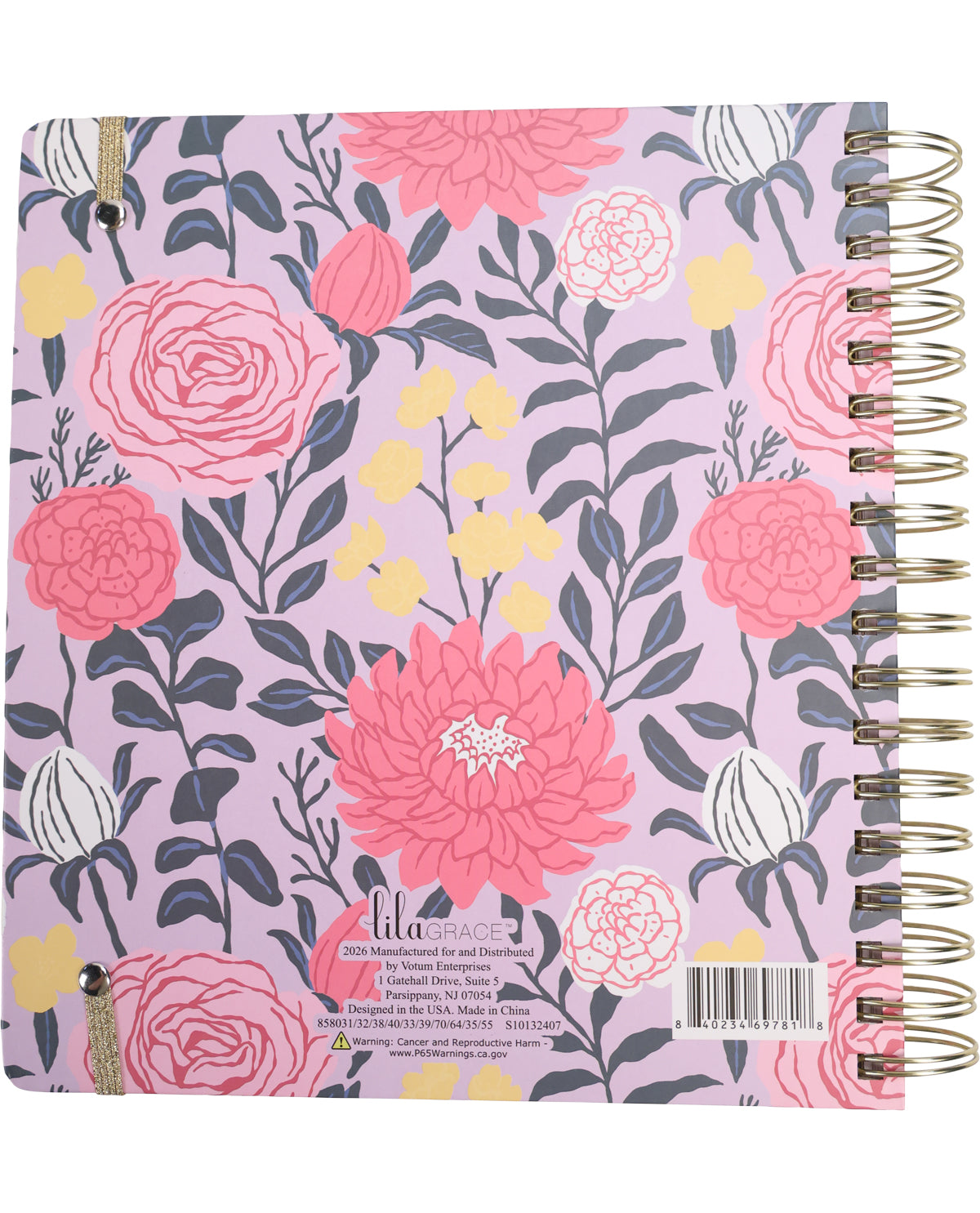 Floral patterned notebook with pink and yellow flowers on a purple background