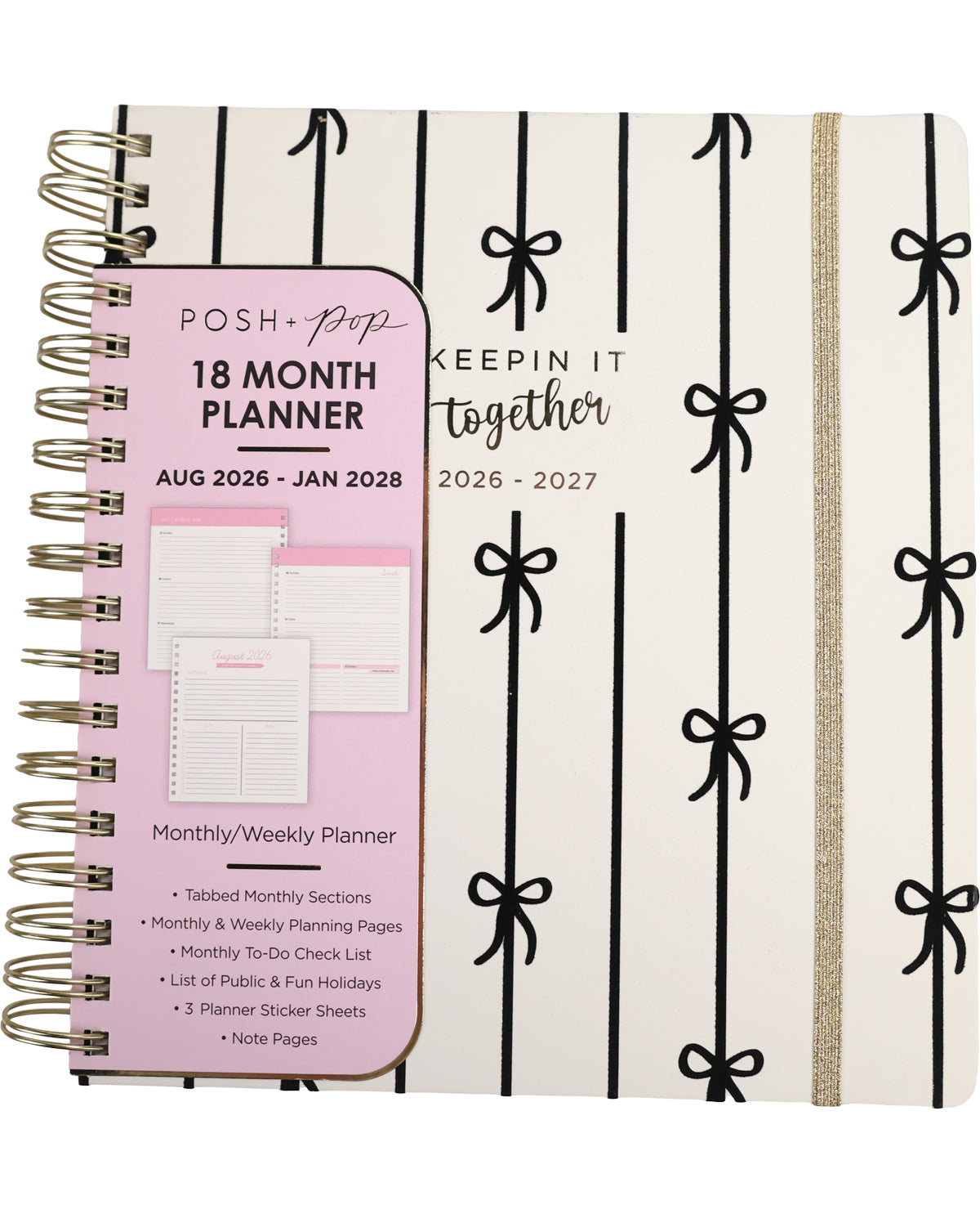 18 Month Planner with pink cover and black bow design on white background