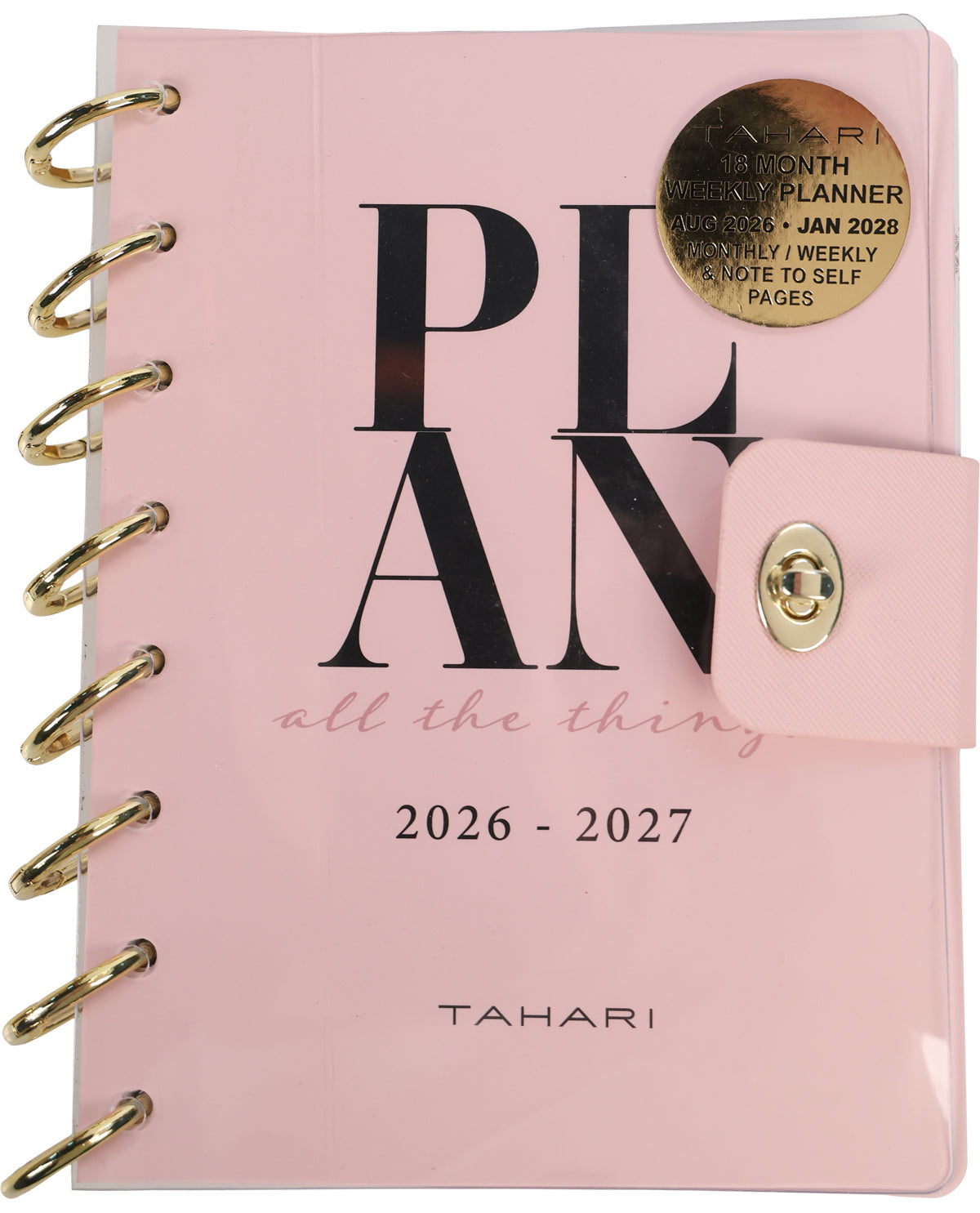 Pink planner with gold accents and 'Tahari' branding on a white background