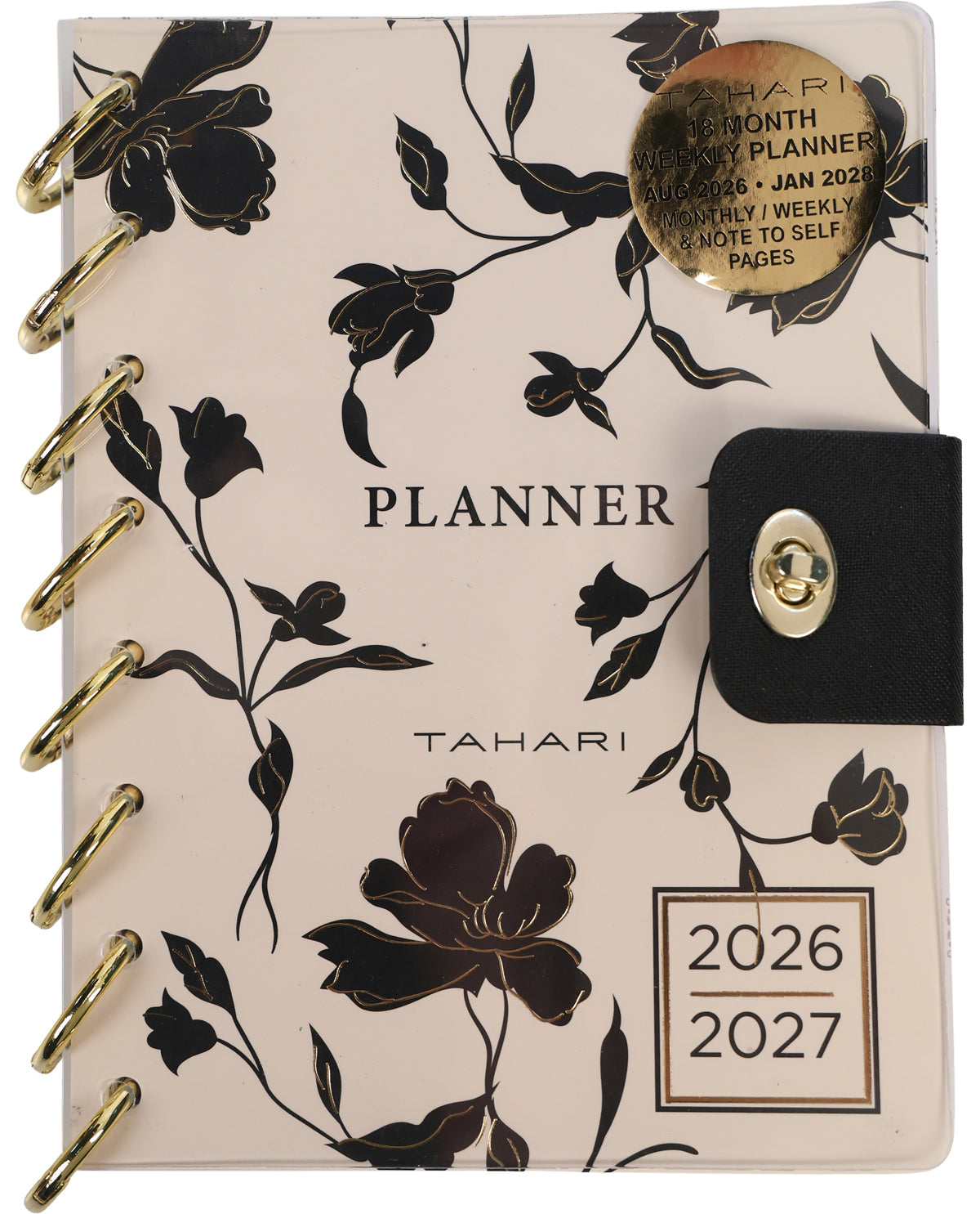 Tahari planner with floral design and gold accents on a white background