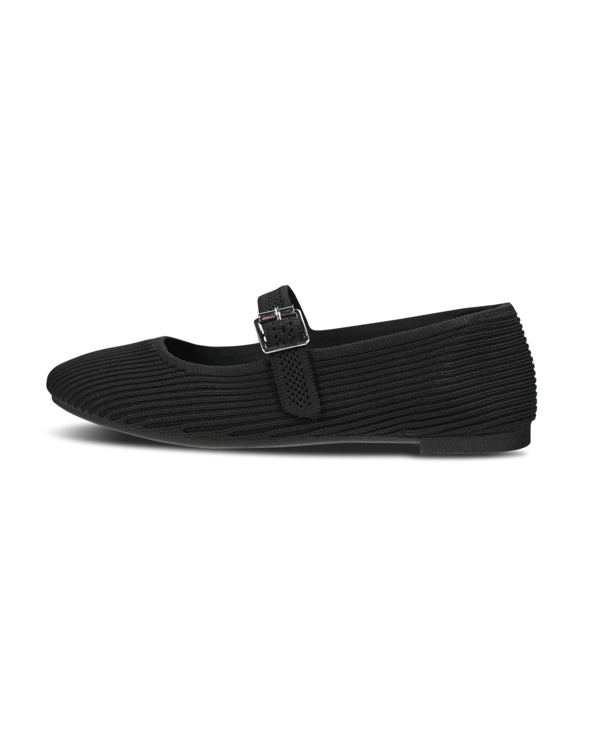 A single black ribbed knit Mary Jane flat shoe with a braided strap and a silver buckle, shown on a clean white background.