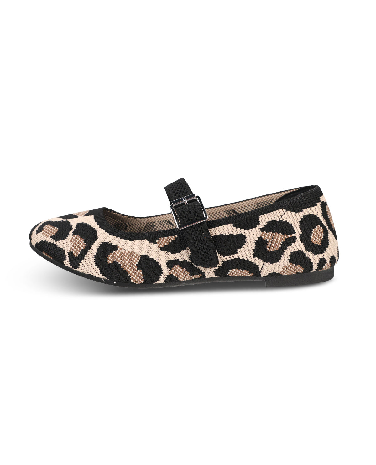 Leopard-print flat shoe with a black sole on a white background