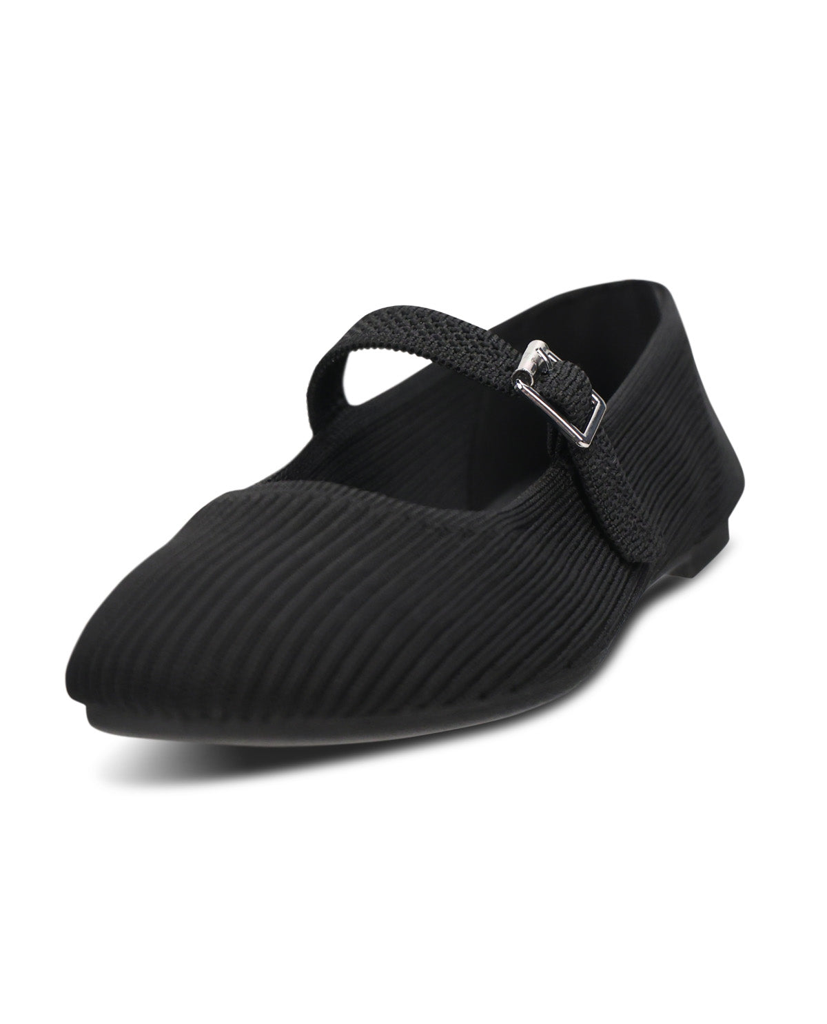 A single black ribbed knit Mary Jane flat shoe with a braided strap and a silver buckle, shown on a clean white background.
