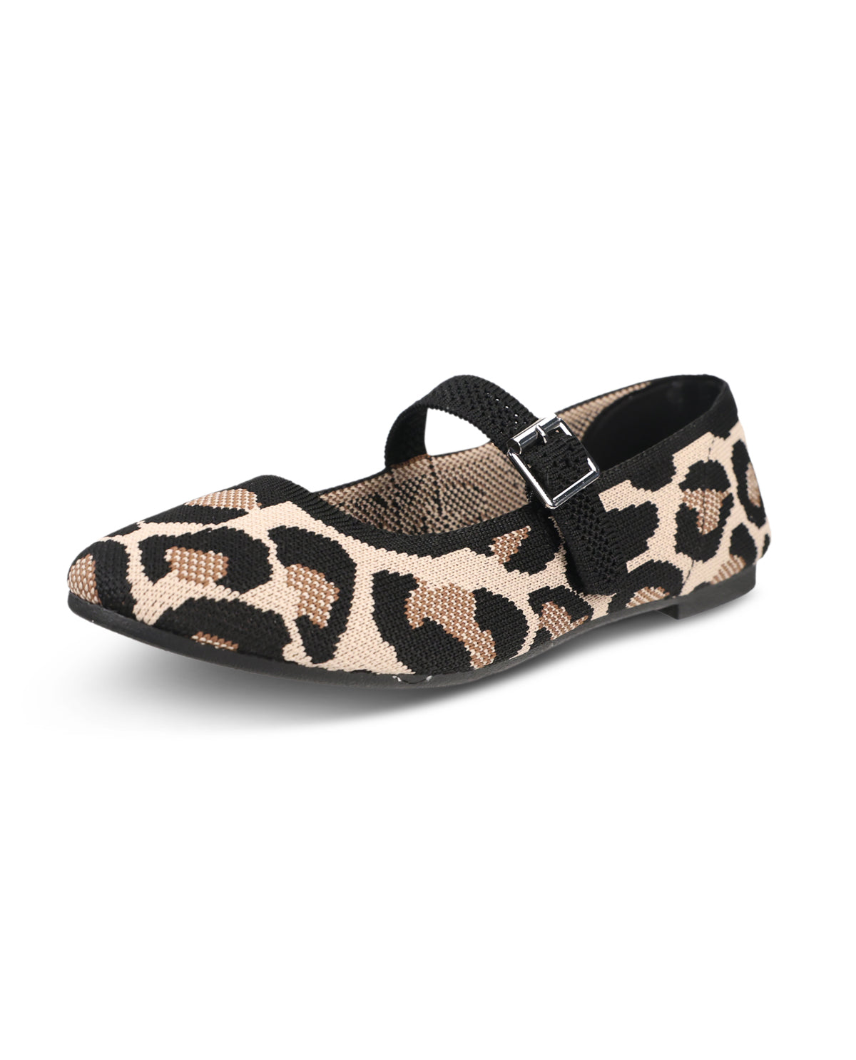 A single women's flat shoe with a leopard print pattern in beige, brown, and black, featuring a black mesh strap with a silver buckle across the top, shown on a plain white background.