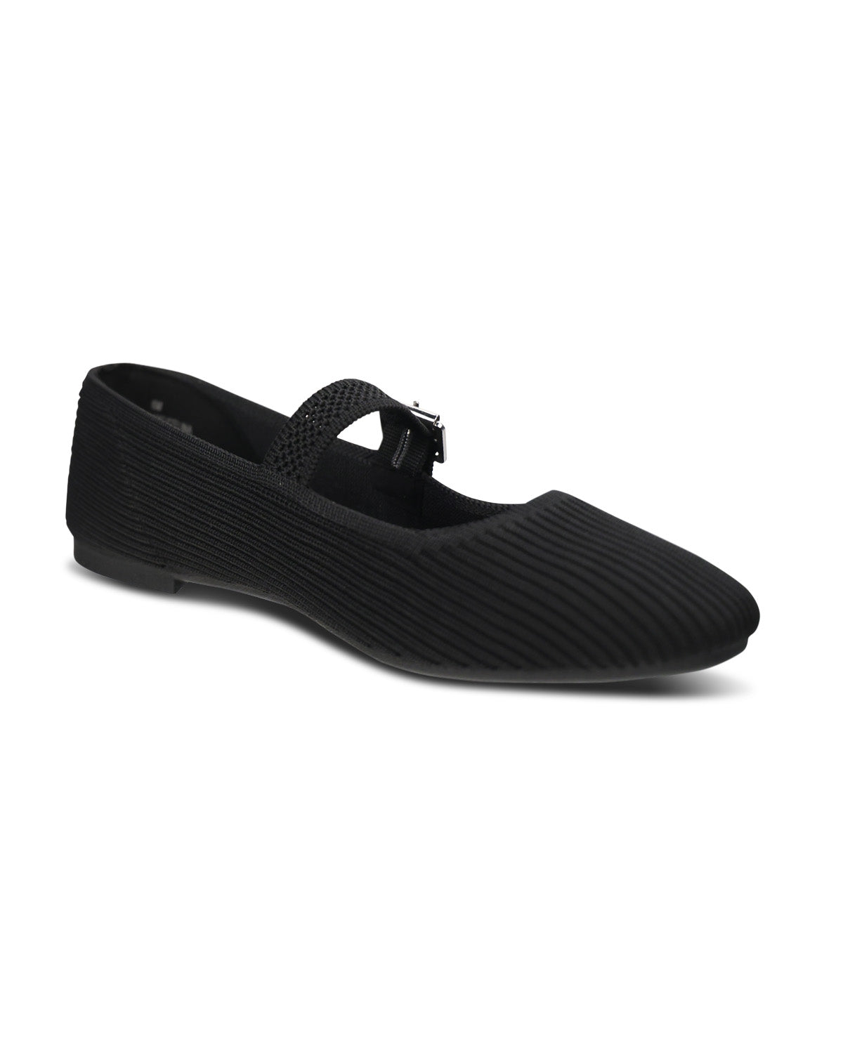 A single black woven Mary Jane flat shoe with a braided strap and pointed toe, shown in profile against a light gray background.