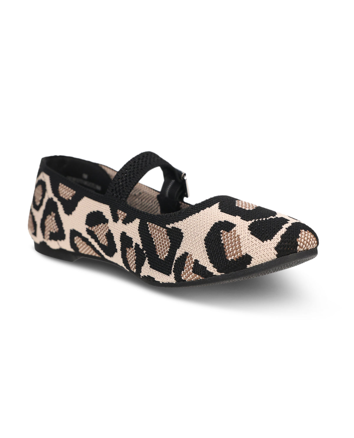 A single flat shoe with a beige and black leopard print pattern and a black strap across the top, shown on a white background with a soft shadow.