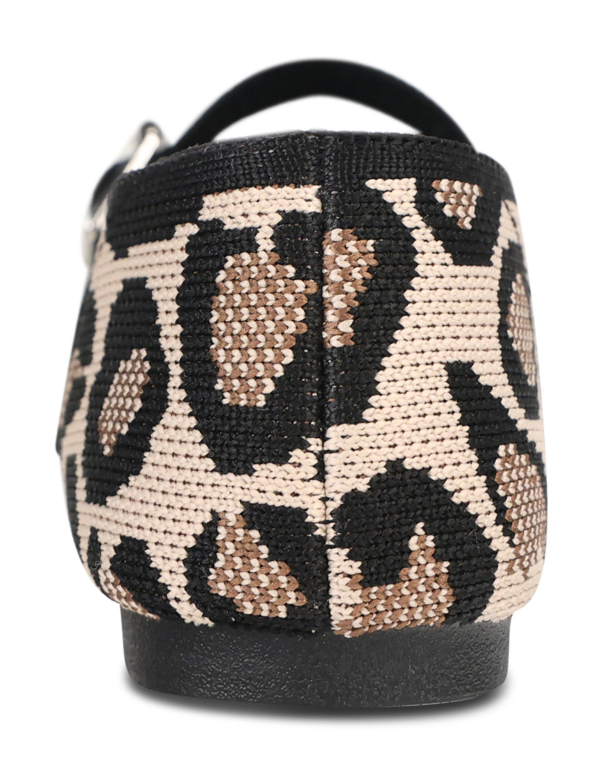 A close-up shot of the back of a woven flat shoe featuring a leopard print pattern in black, beige, and brown, with a black sole and heel.