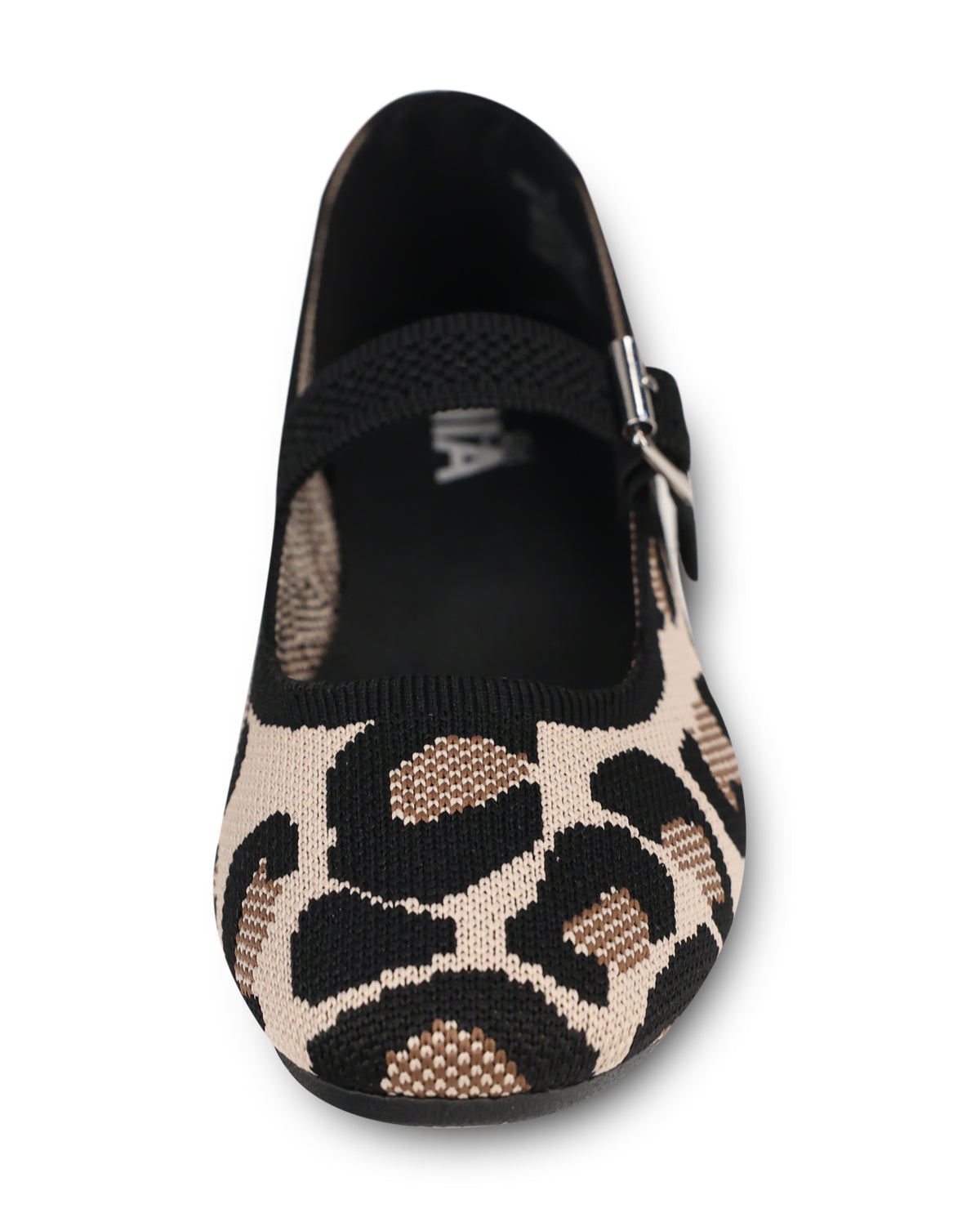 A single women's Mary Jane flat shoe with a leopard print knit upper, featuring a black strap with a silver buckle, shown from a top-down view on a white background.