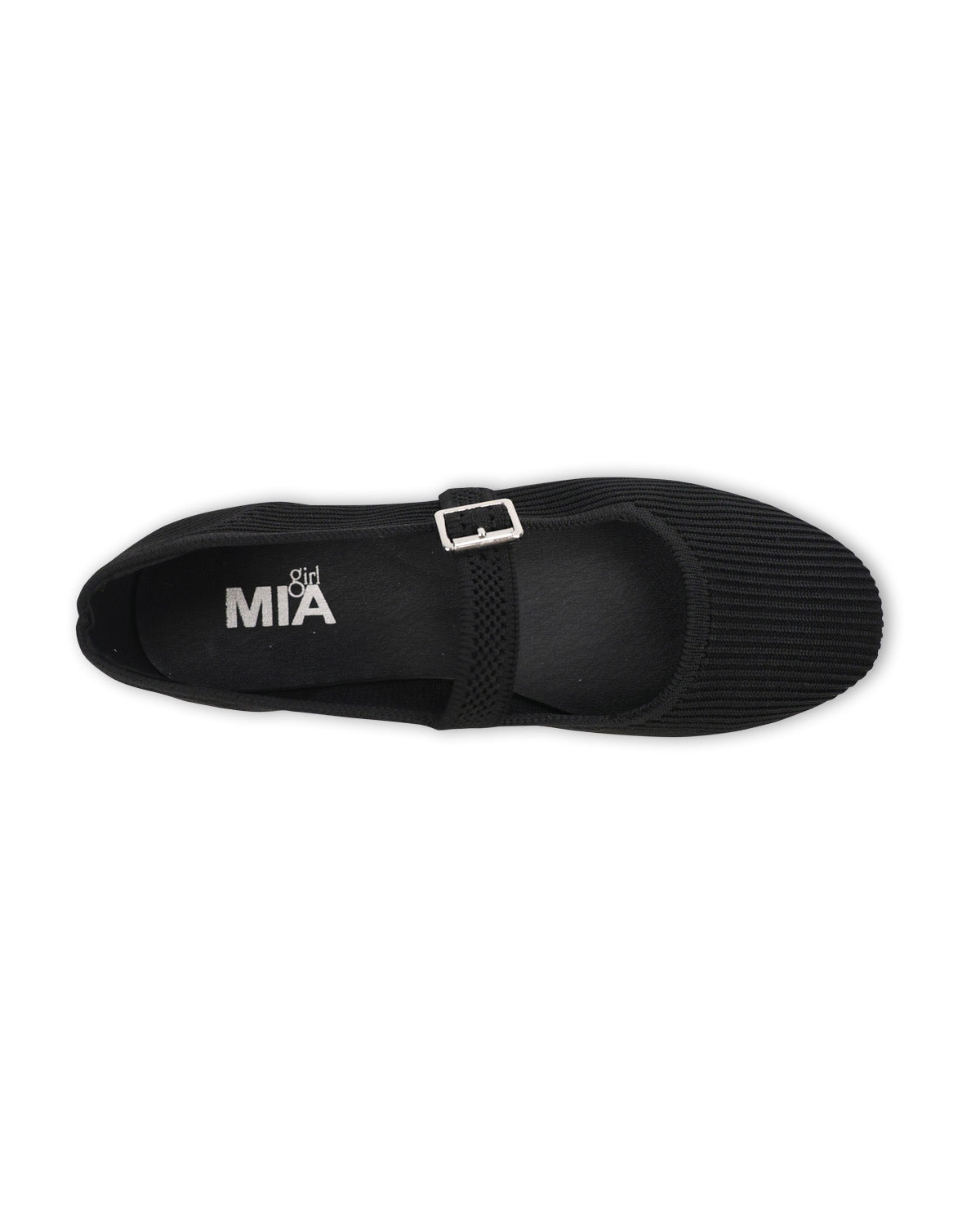 A single black flat shoe with a ribbed texture, a small silver buckle strap, and the brand name 'MIA' printed in white on the insole, shown from a top-down view on a white background.