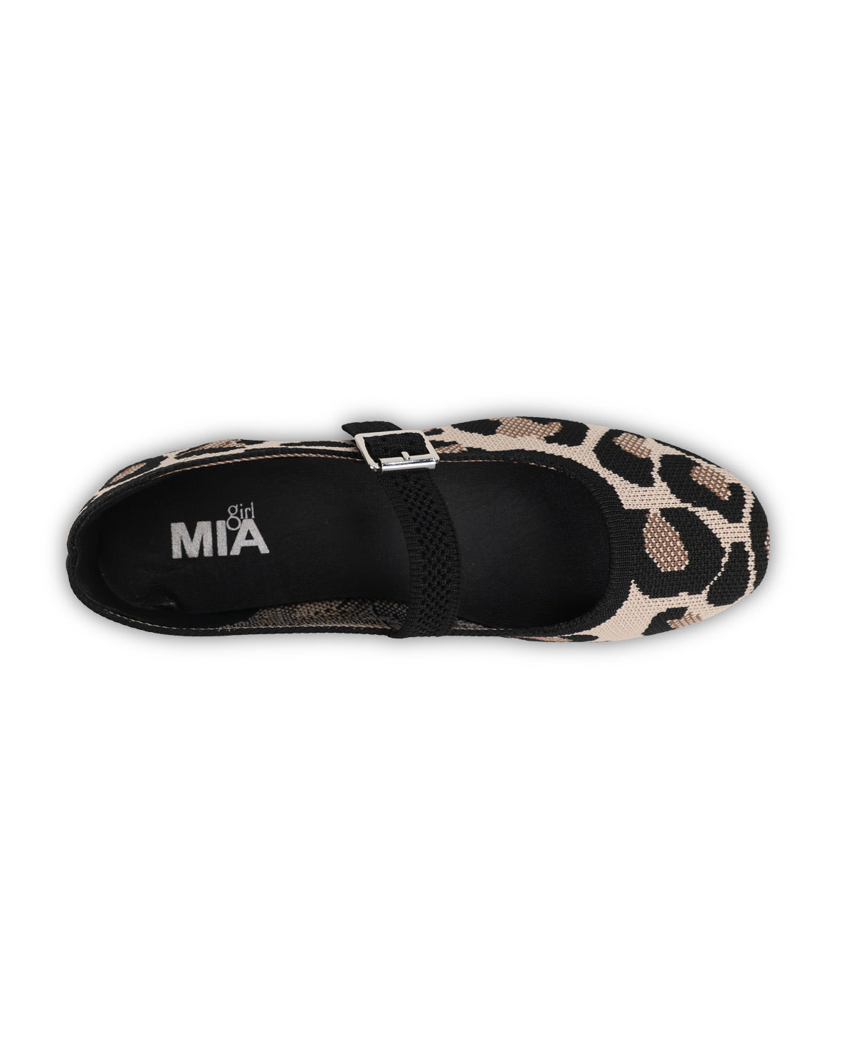 A top-down view of a leopard-print flat shoe shown on a clean white background.