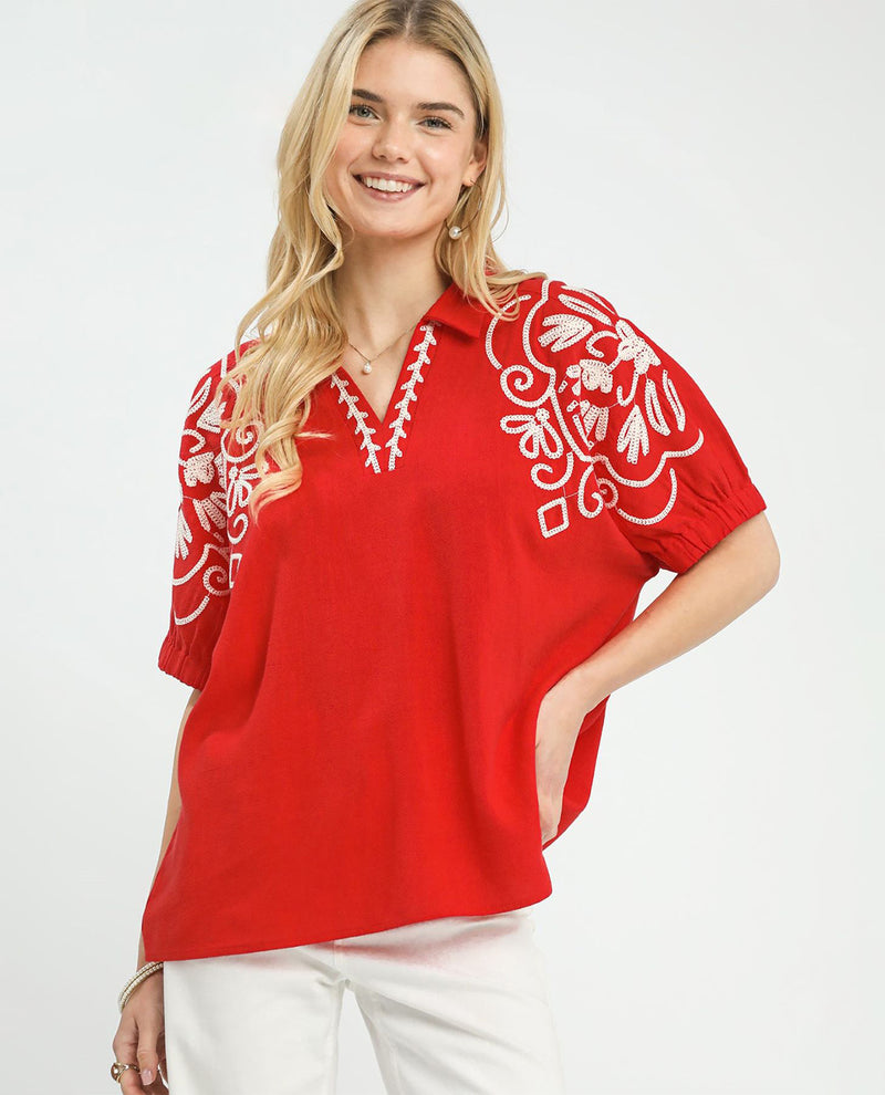 Umgee Embroidered Short Sleeve Blouse