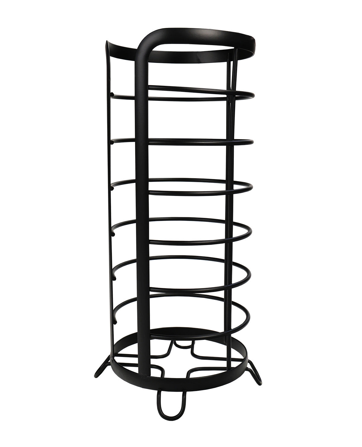 Black metal umbrella stand on a white background