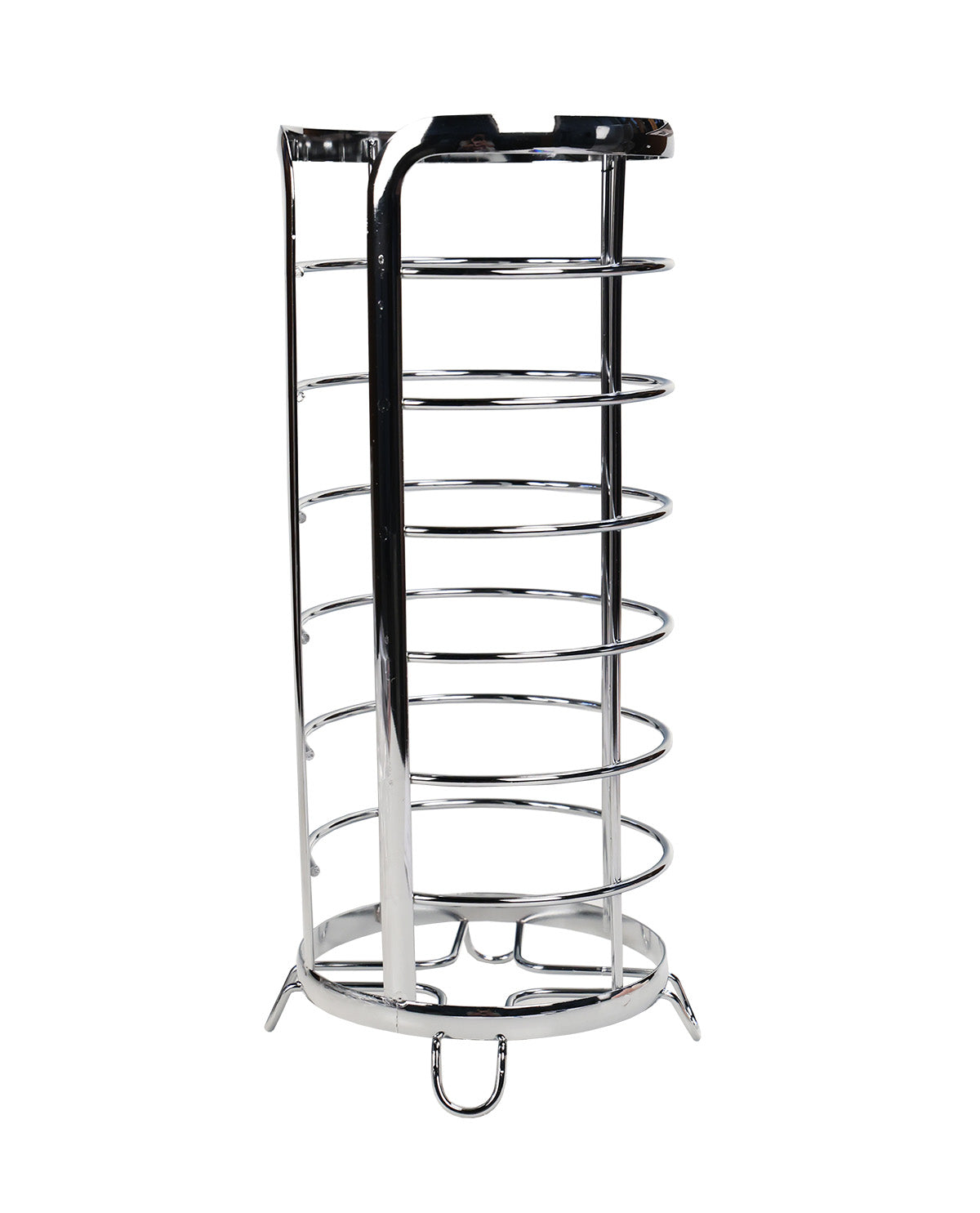 Chrome towel rack with multiple shelves on a white background