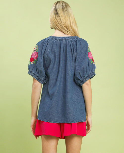 Umgee Denim Embroidered Top