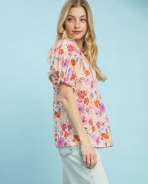 Umgee Floral Print Top With Solid Trim Coral