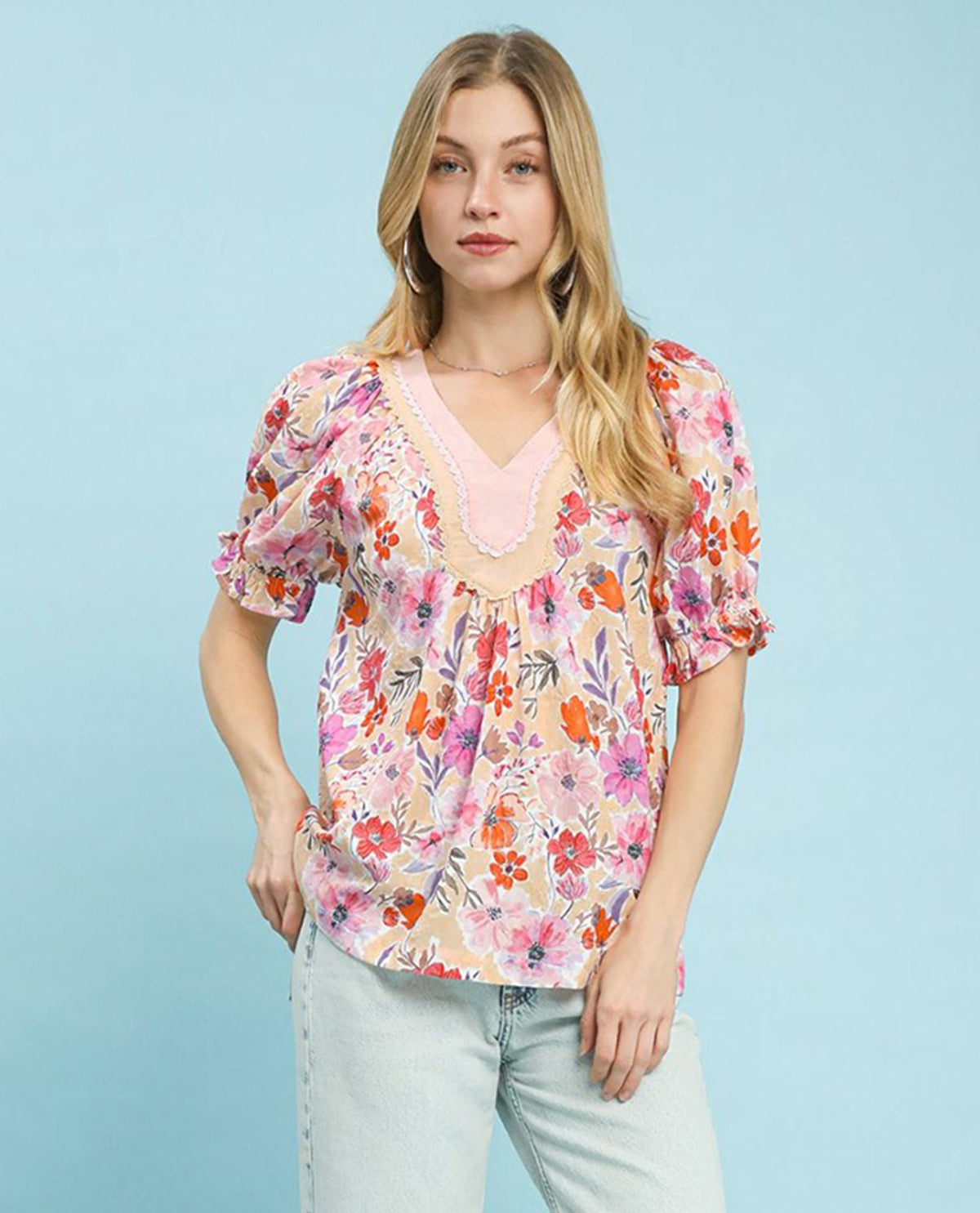 Umgee Floral Print Top With Solid Trim Coral