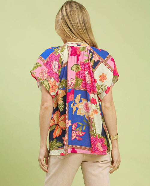 Umgee Patchwork Print Top Blue Mix