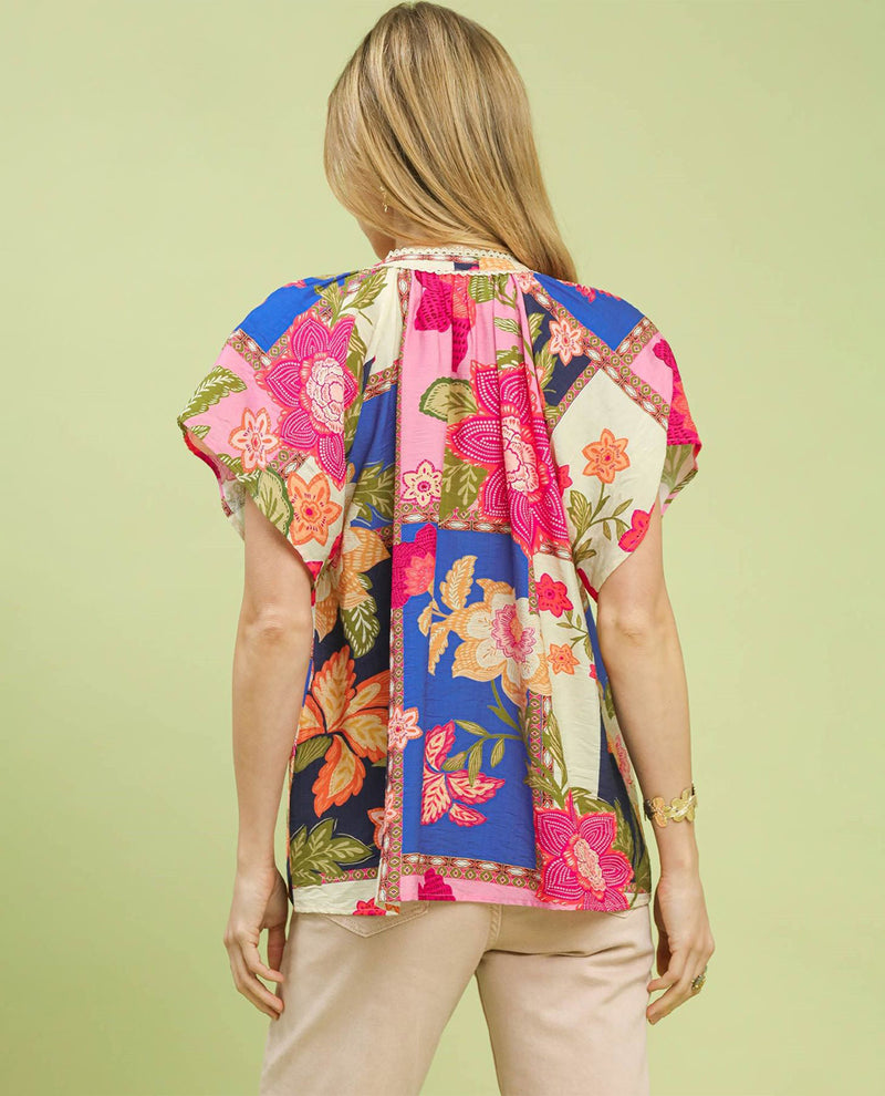 Umgee Patchwork Print Top Blue Mix