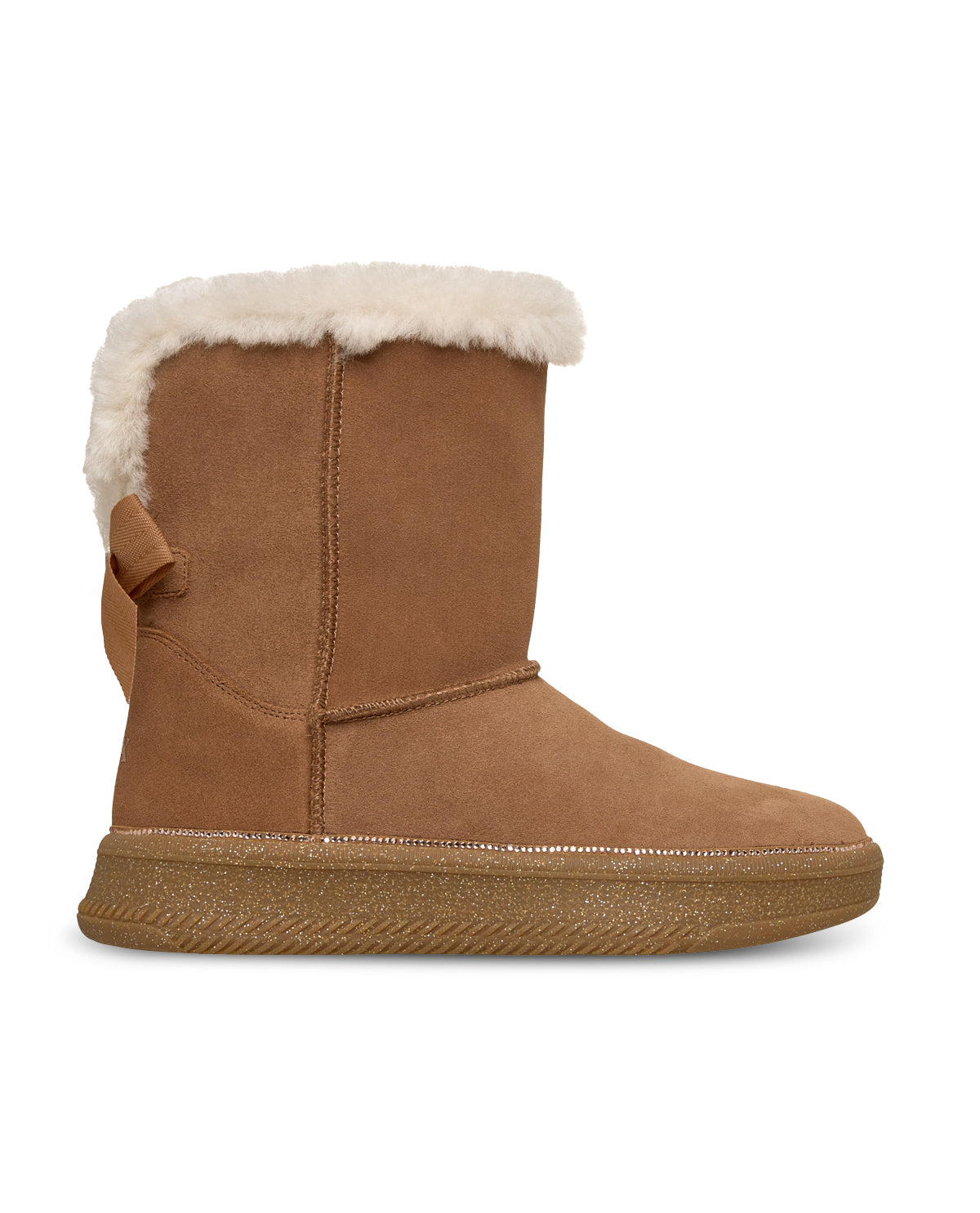 Brown boot with white fur lining on a white background