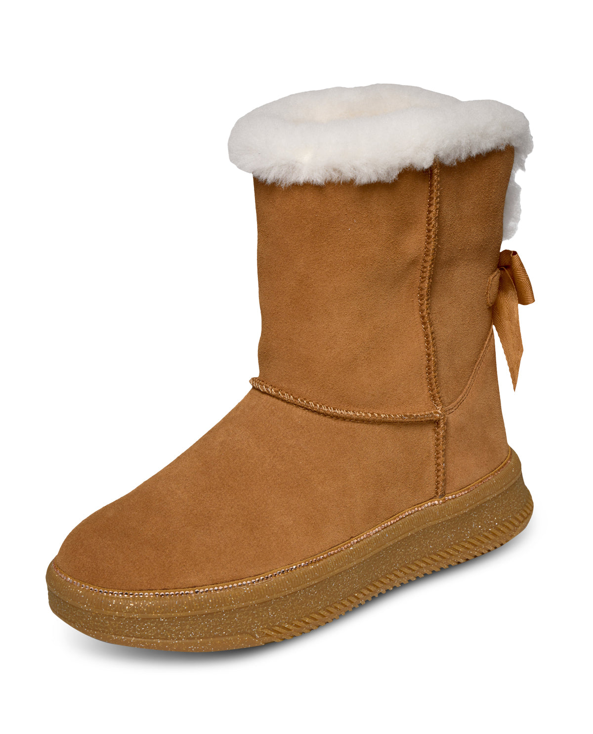 Brown suede boot with white fur lining on a white background