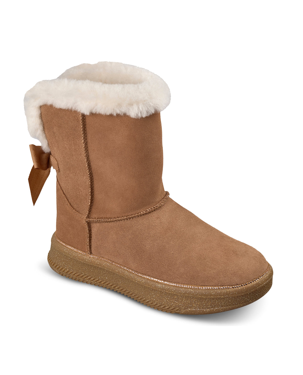 Brown winter boot with white fur lining on a white background
