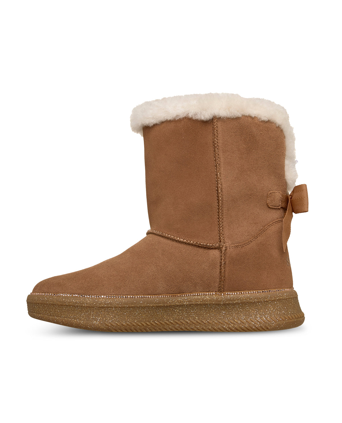 Brown suede boot with white fur lining on a white background