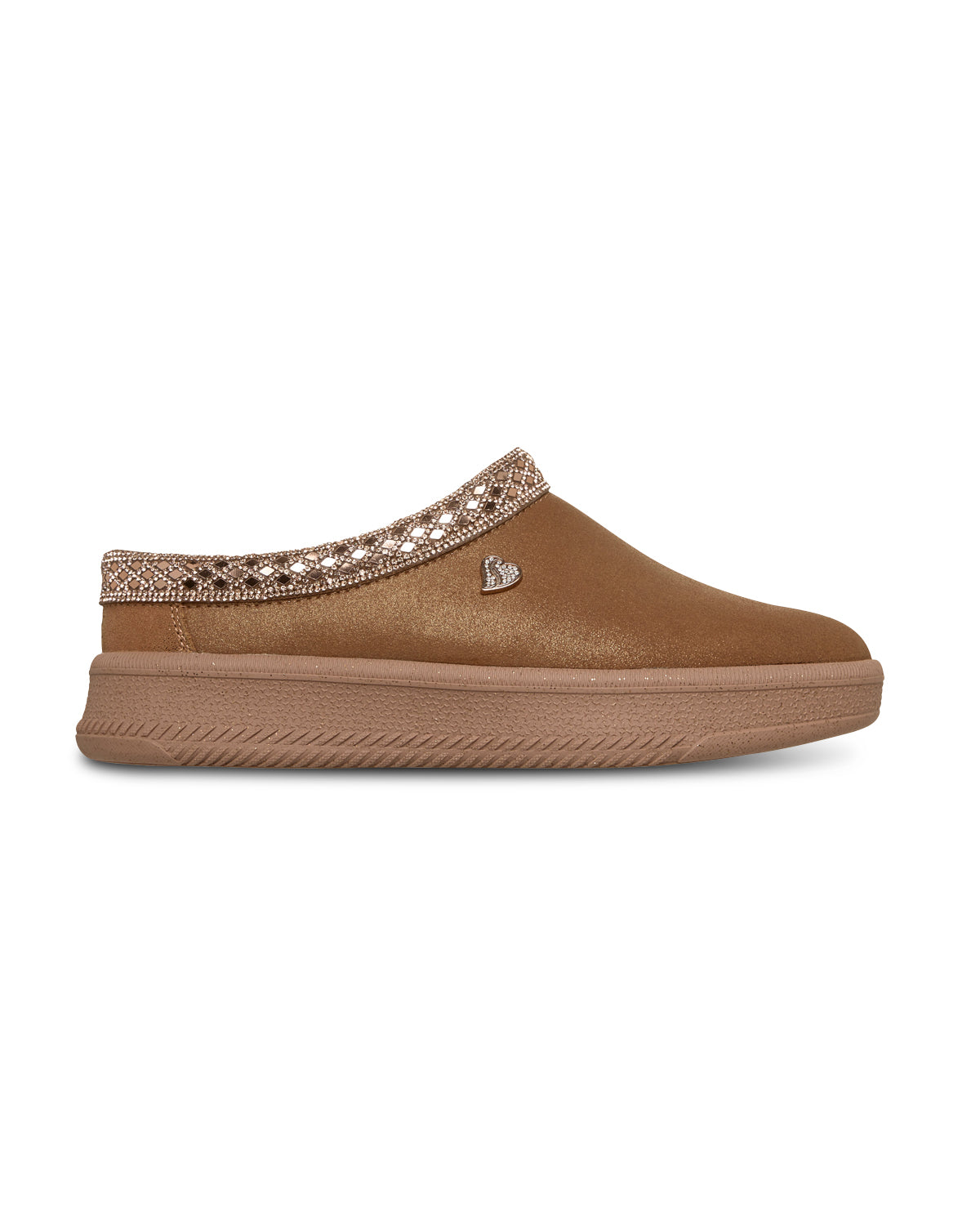 Brown slip-on shoe with decorative strap on a white background