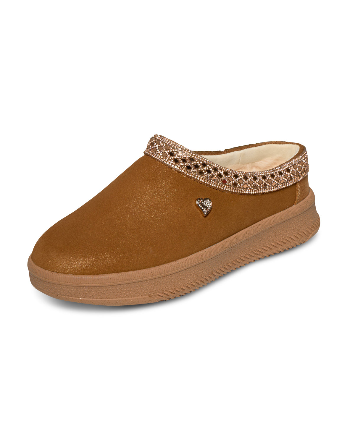 Brown slip-on shoe with decorative trim on a white background