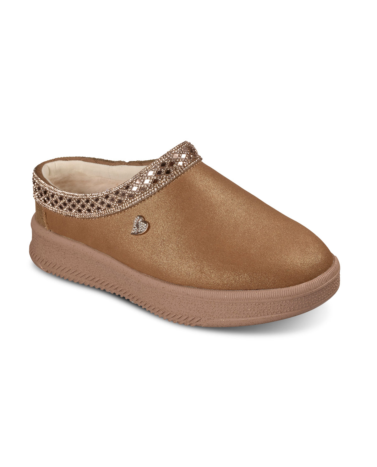 Brown slipper with decorative trim on a white background
