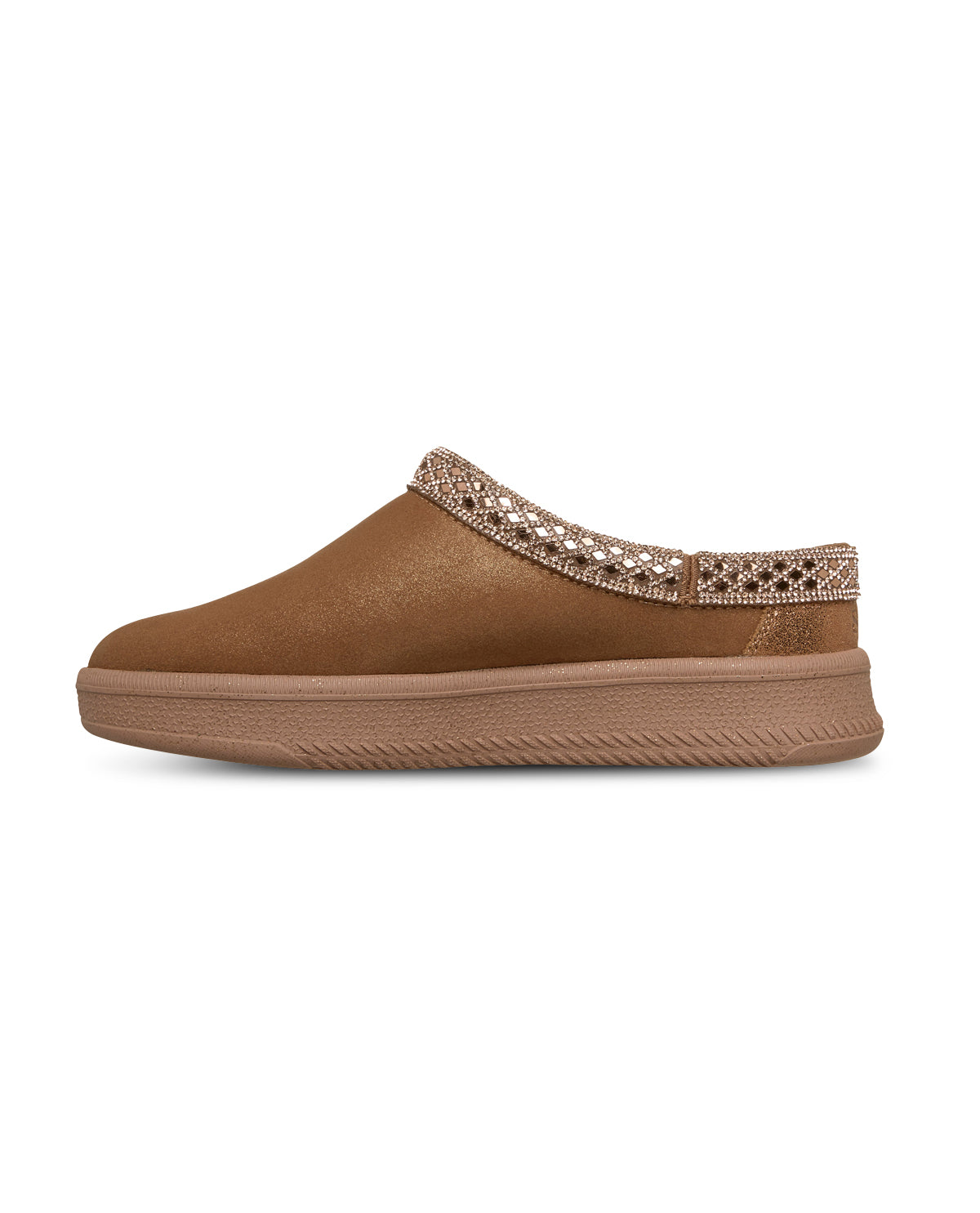 Brown slip-on shoe with decorative strap on a white background