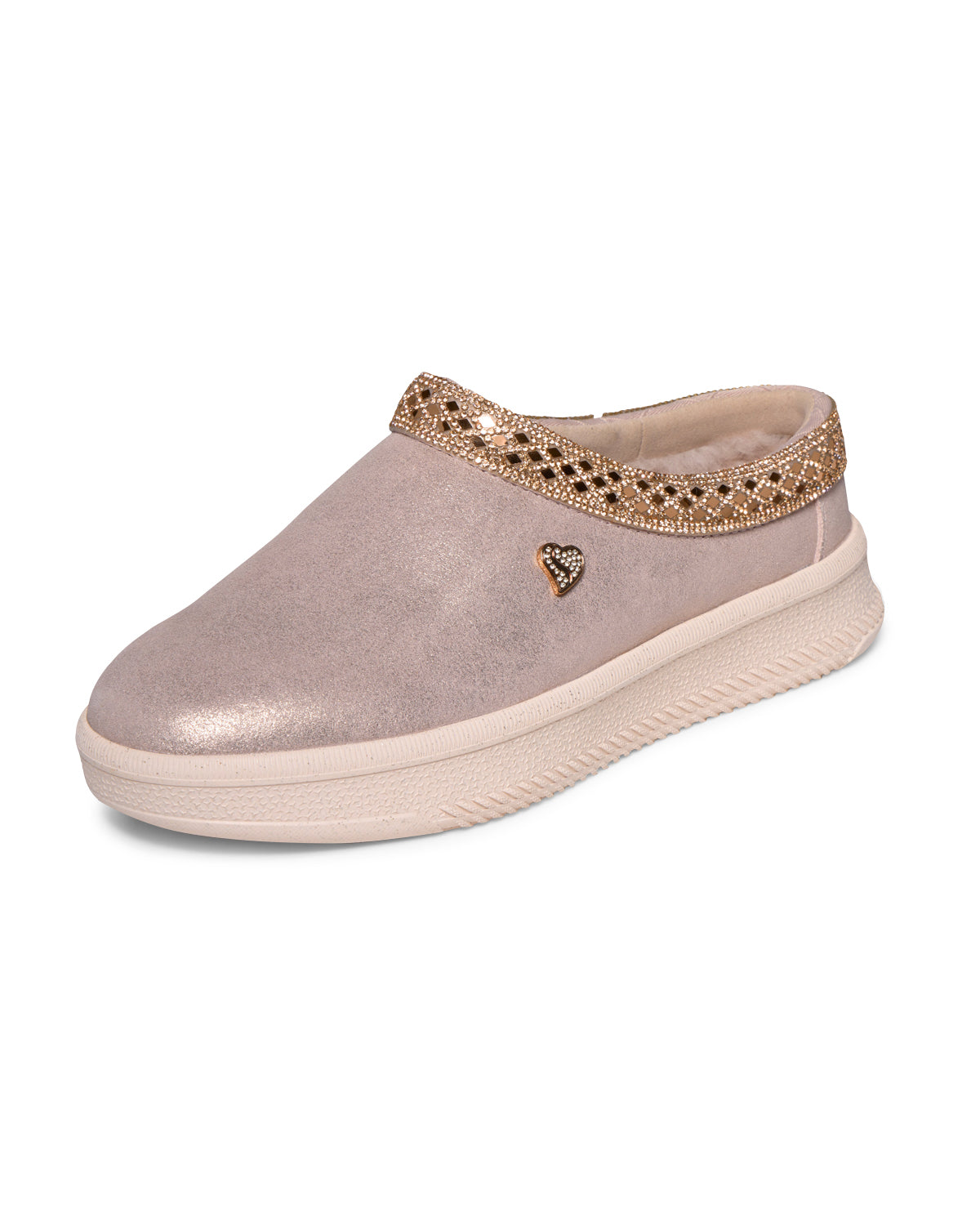 Pink slip-on shoe with decorative band and heart detail on a white background