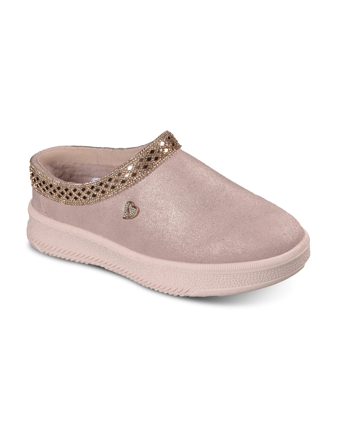 Pink slip-on shoe with decorative band on a white background