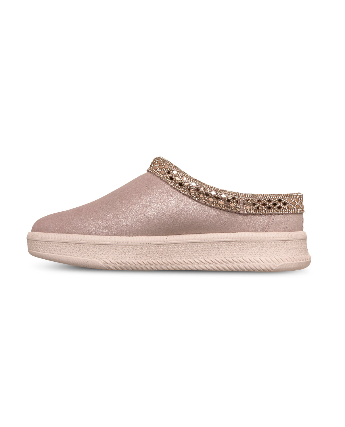 Pink slip-on shoe with decorative band on a white background