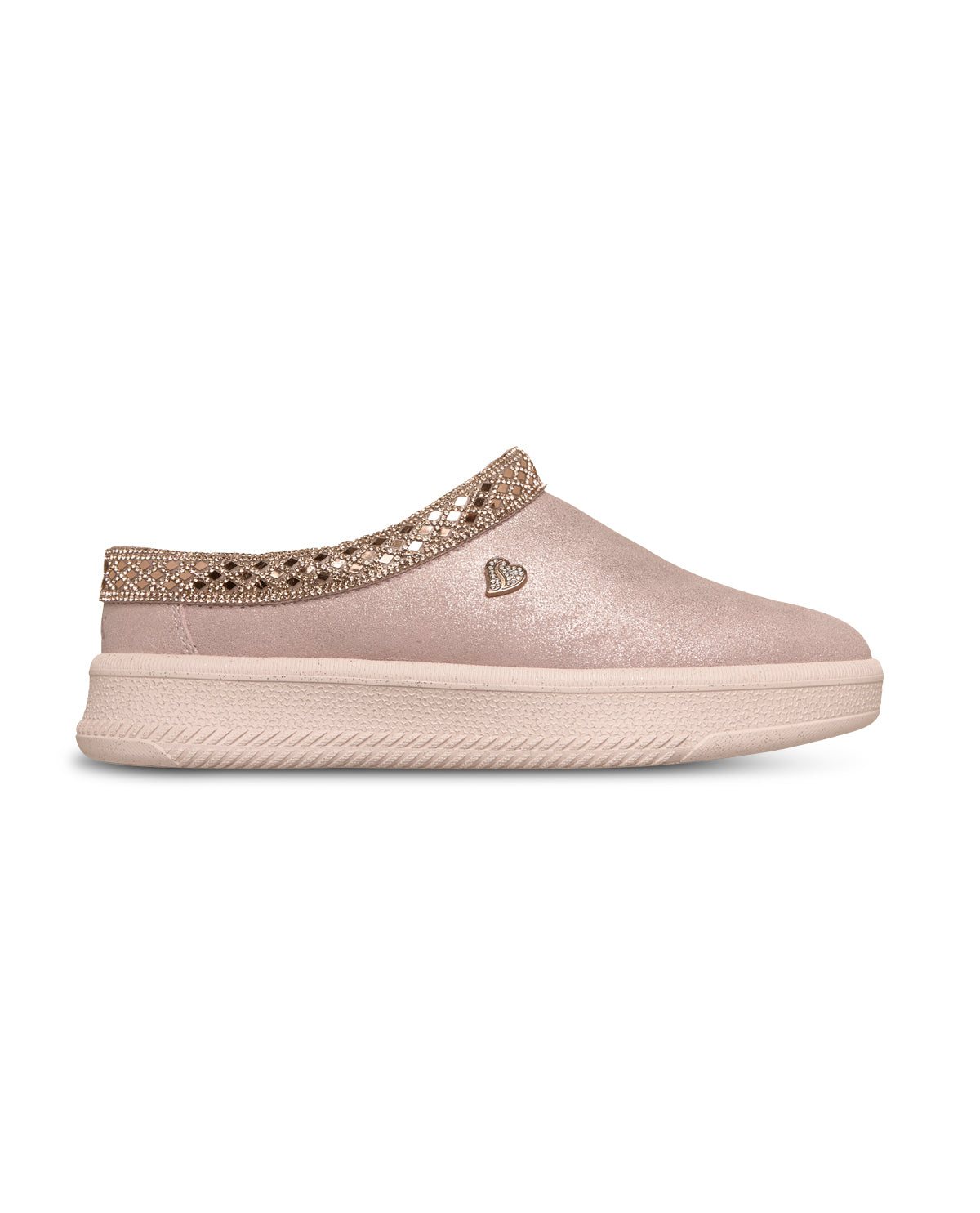 Pink slip-on shoe with decorative strap on a white background