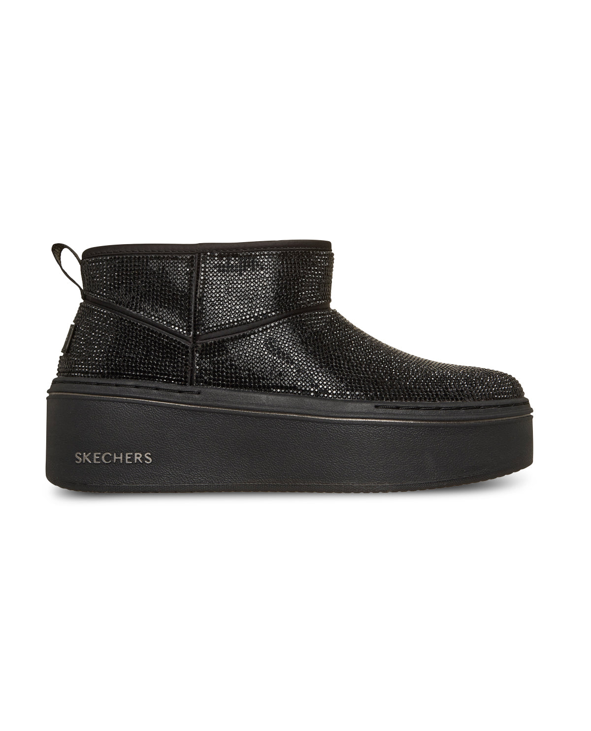 Black platform sneaker with rhinestone details on a white background
