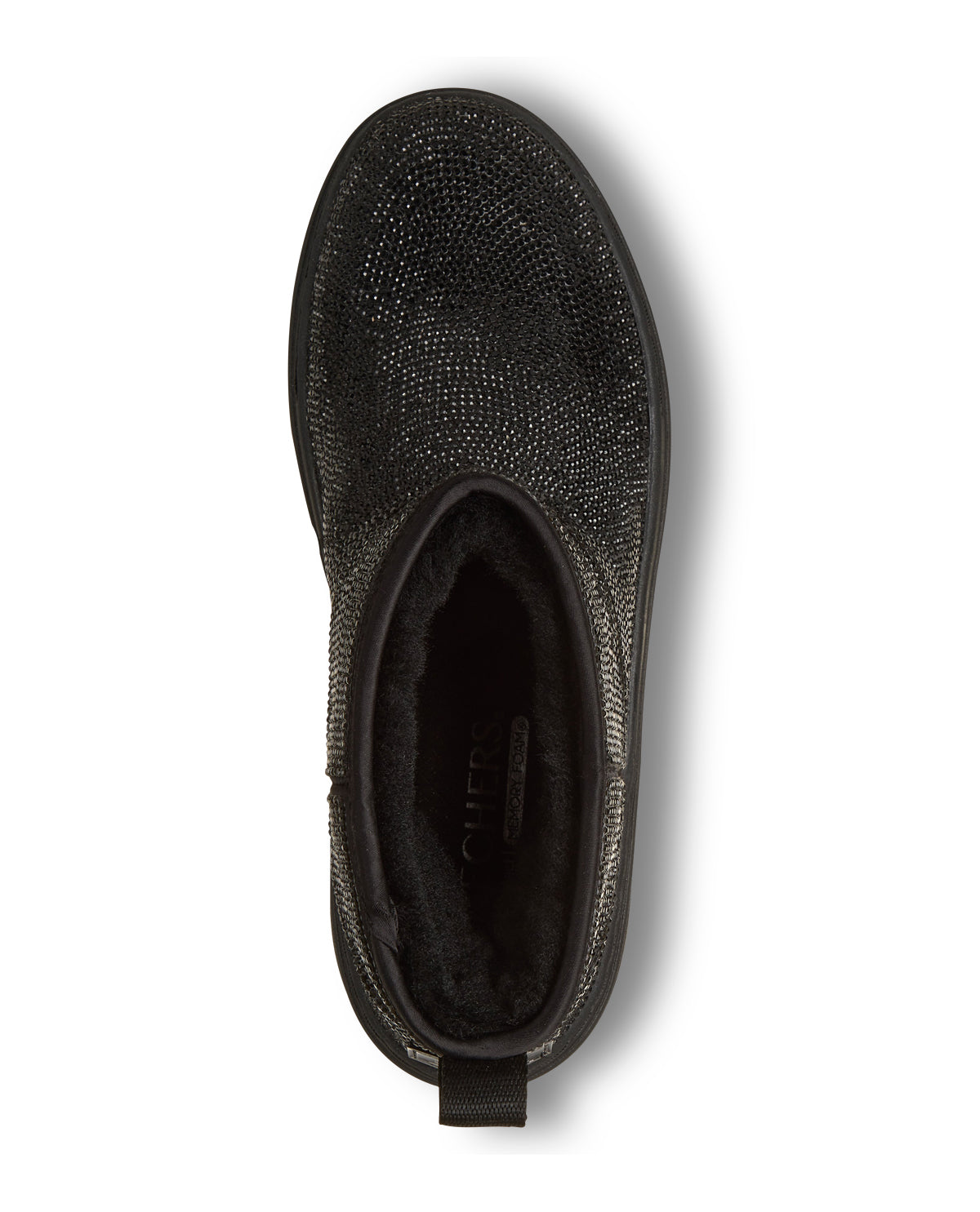 Black slip-on shoe with textured surface on a white background