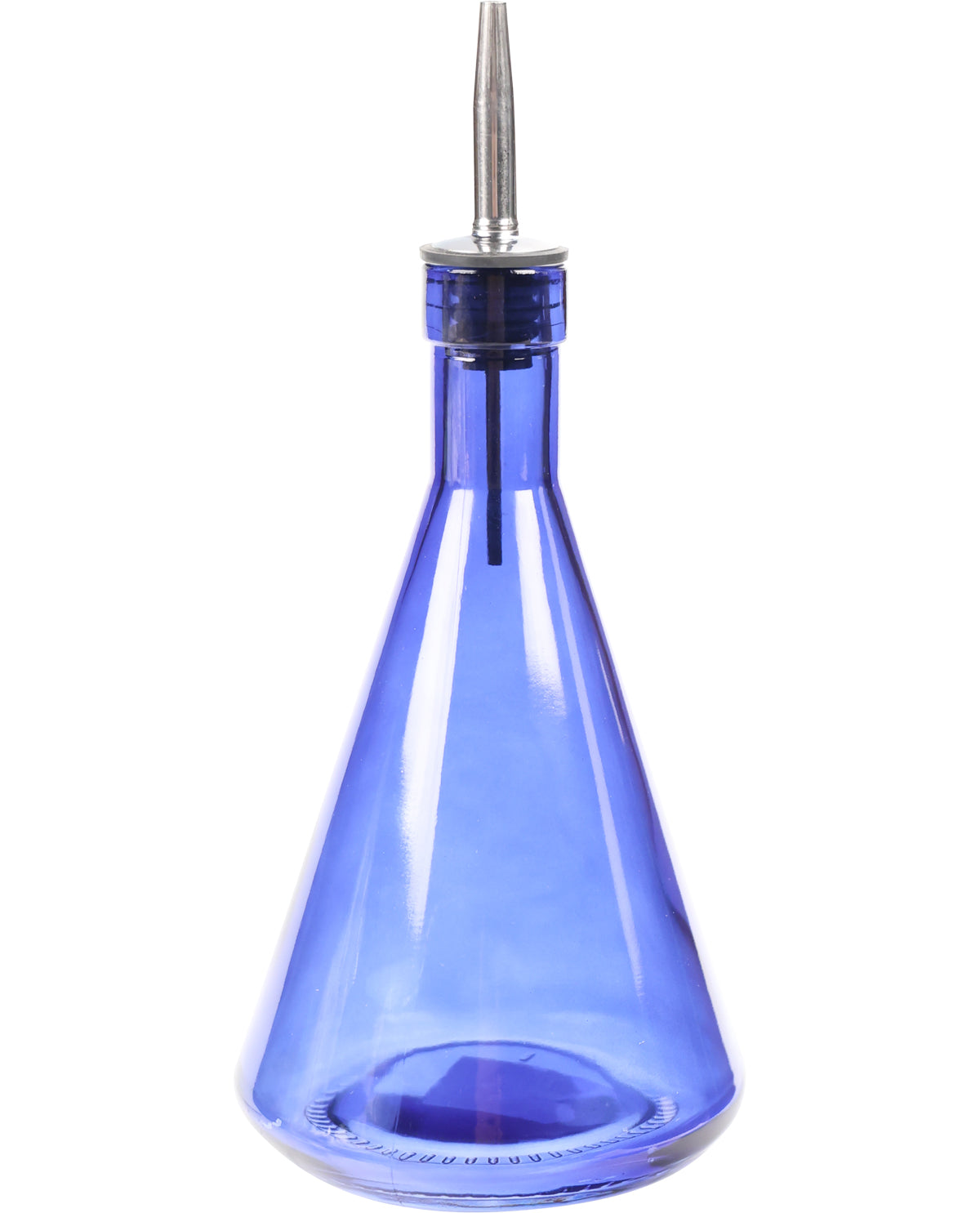 Blue glass bottle with a metal nozzle on a white background