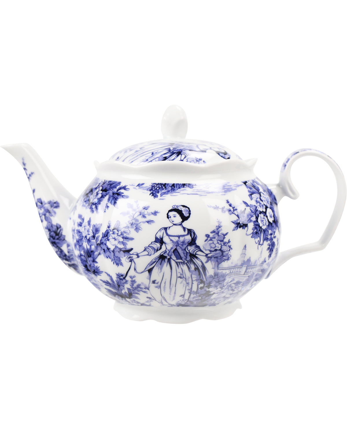 Teapot with blue floral and portrait design on a white background