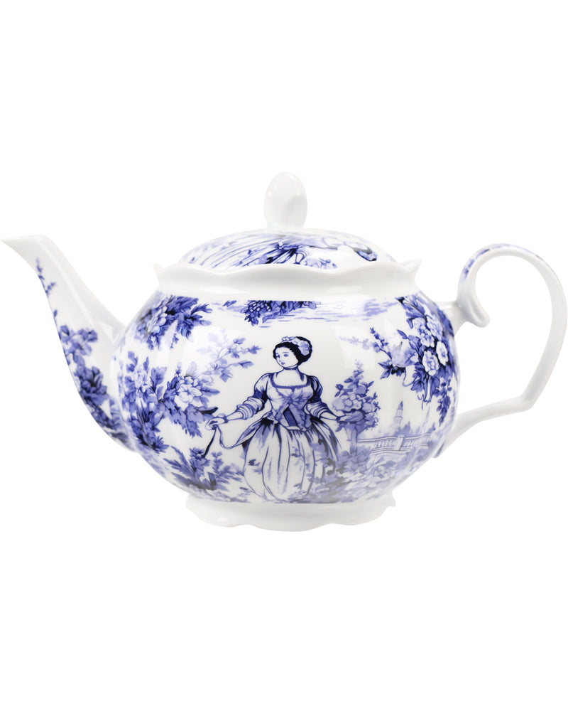 Teapot with blue floral and portrait design on a white background