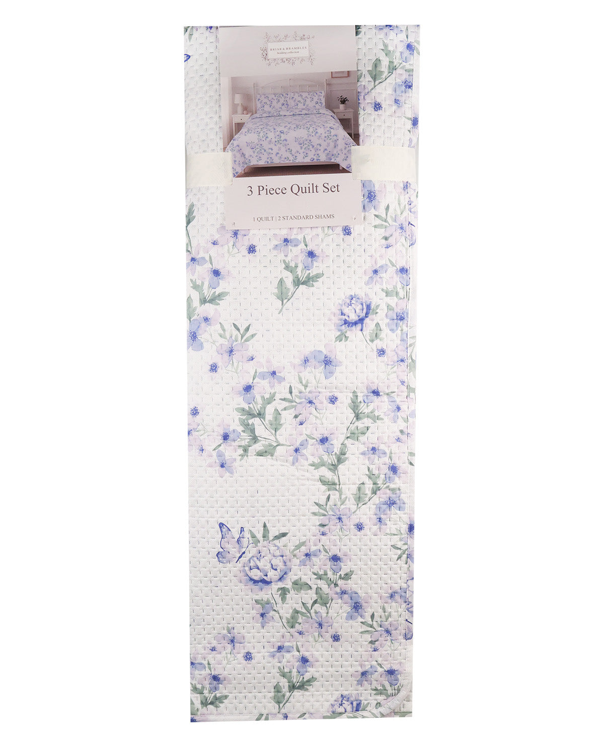 A packaged 3-piece quilt set by Sweet Sarah's, featuring a white quilted fabric with a blue and green floral vine pattern, shown in its retail packaging against a white background.