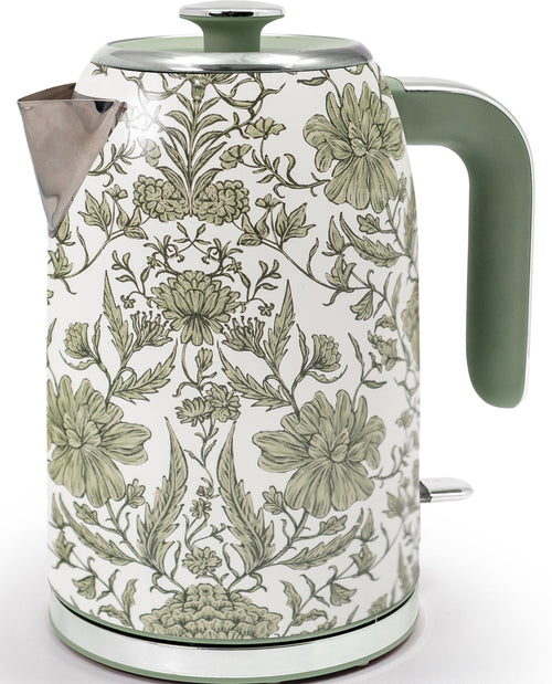 Floral-patterned electric kettle on a white background