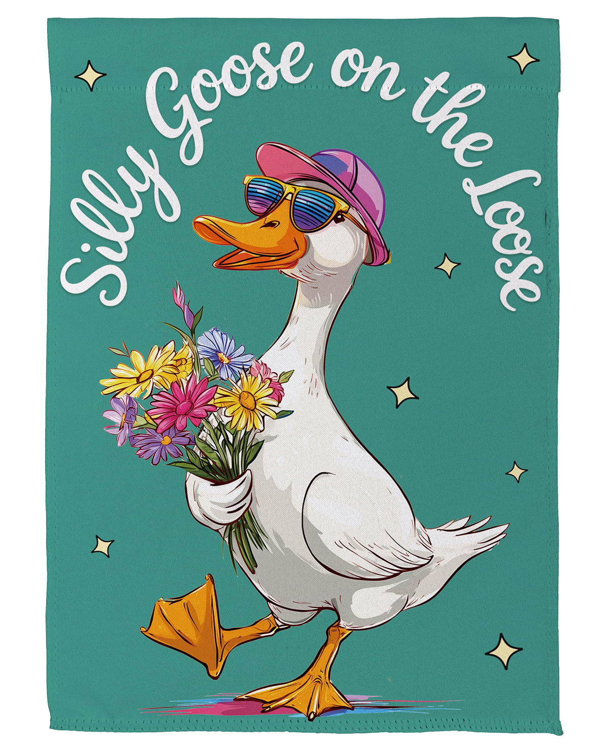 Cartoon duck wearing sunglasses and a hat, holding flowers with text 'Silly Goose on the Loose' on a teal background.