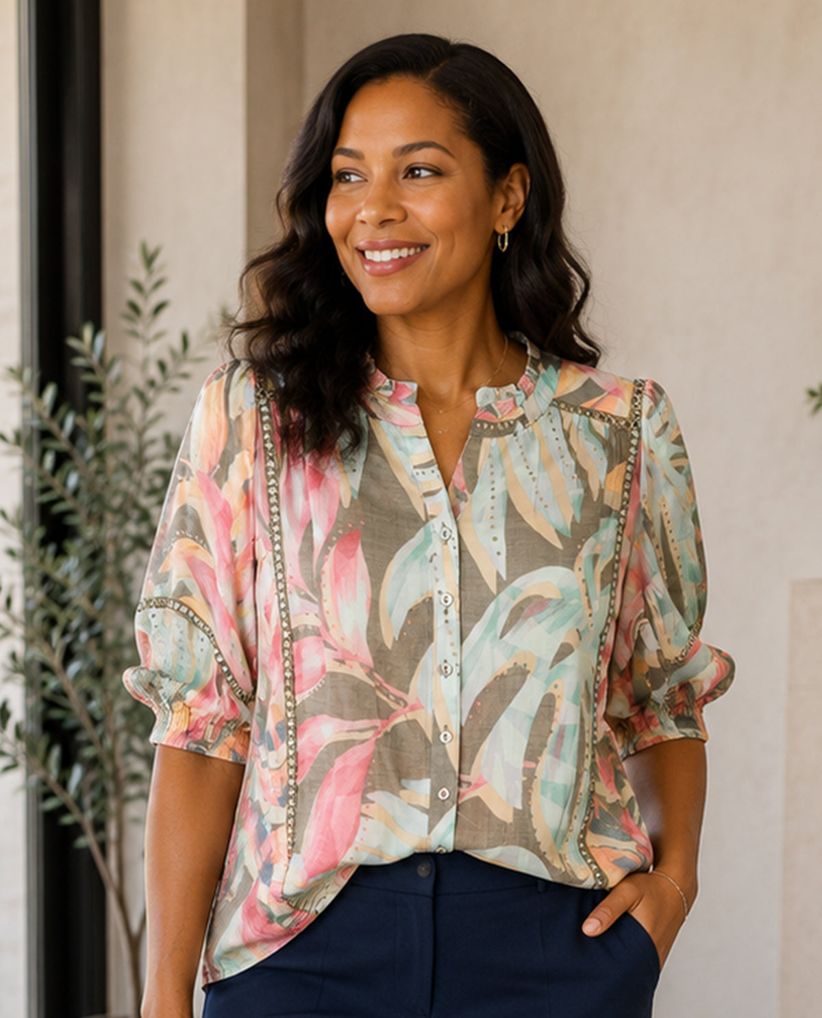 Zac & Rachel Print Slub Top Olive