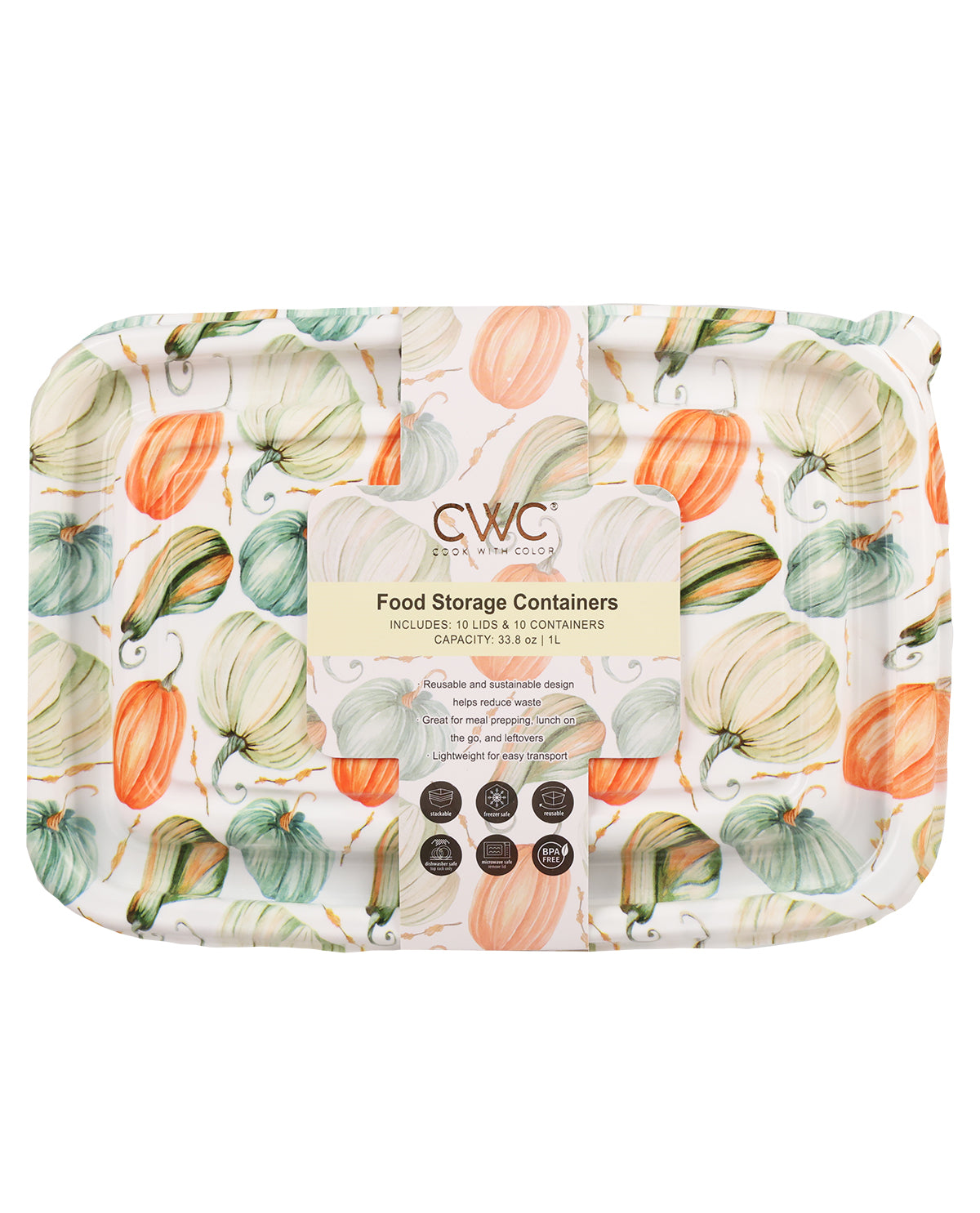 Packaging of CWC food storage containers with pumpkin design