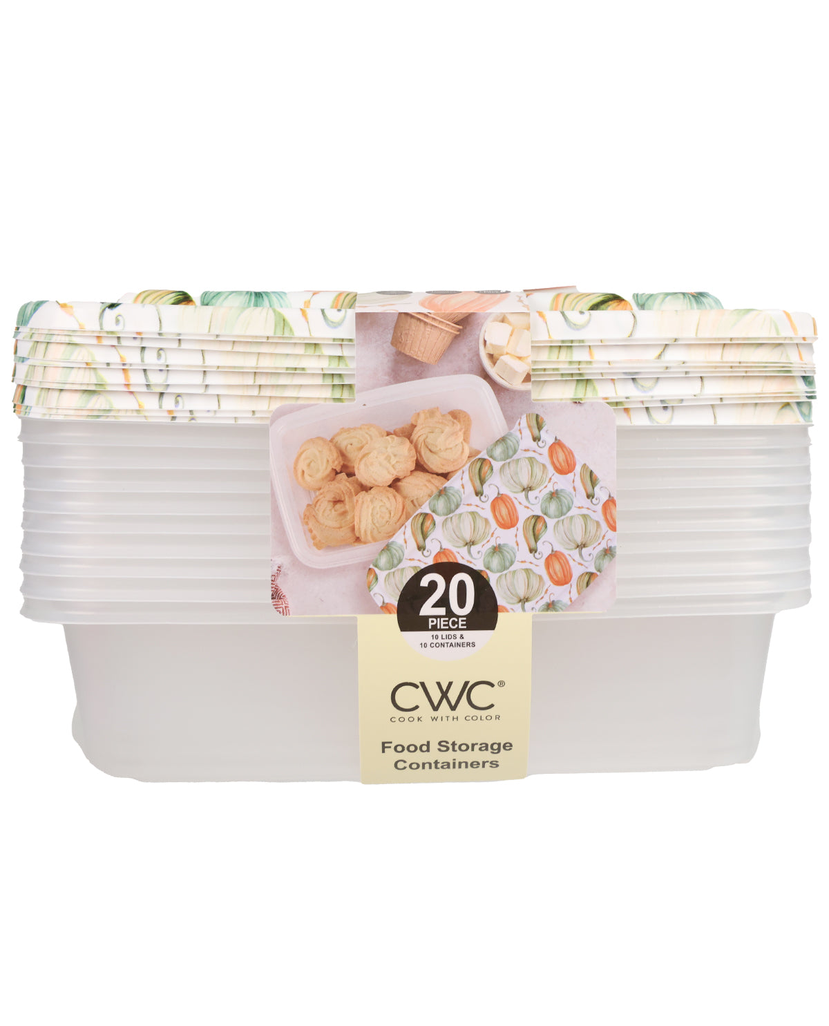 Pack of CWC food storage containers with a stack of containers and a small inset image of food on a white background.